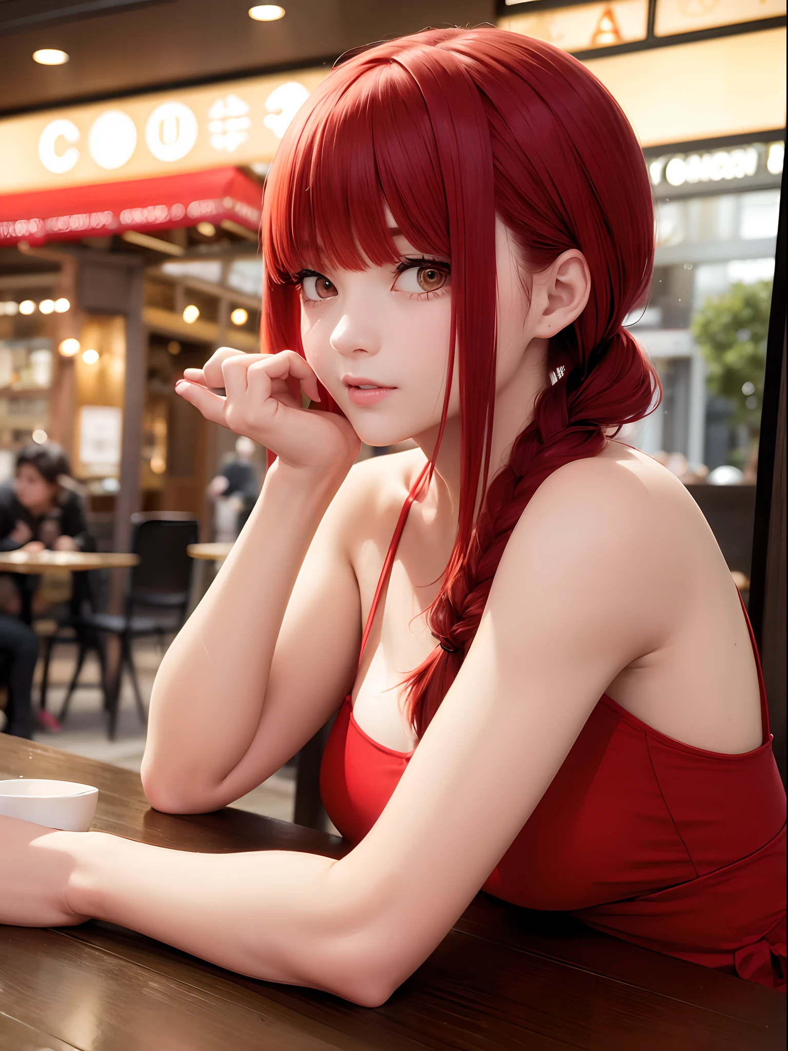 1 girl, red braided pony tail, cute pose, wearing a cute date red dress, setting in a cafe in paris, while having coffee, in a busy street, 8k, masterpiece.