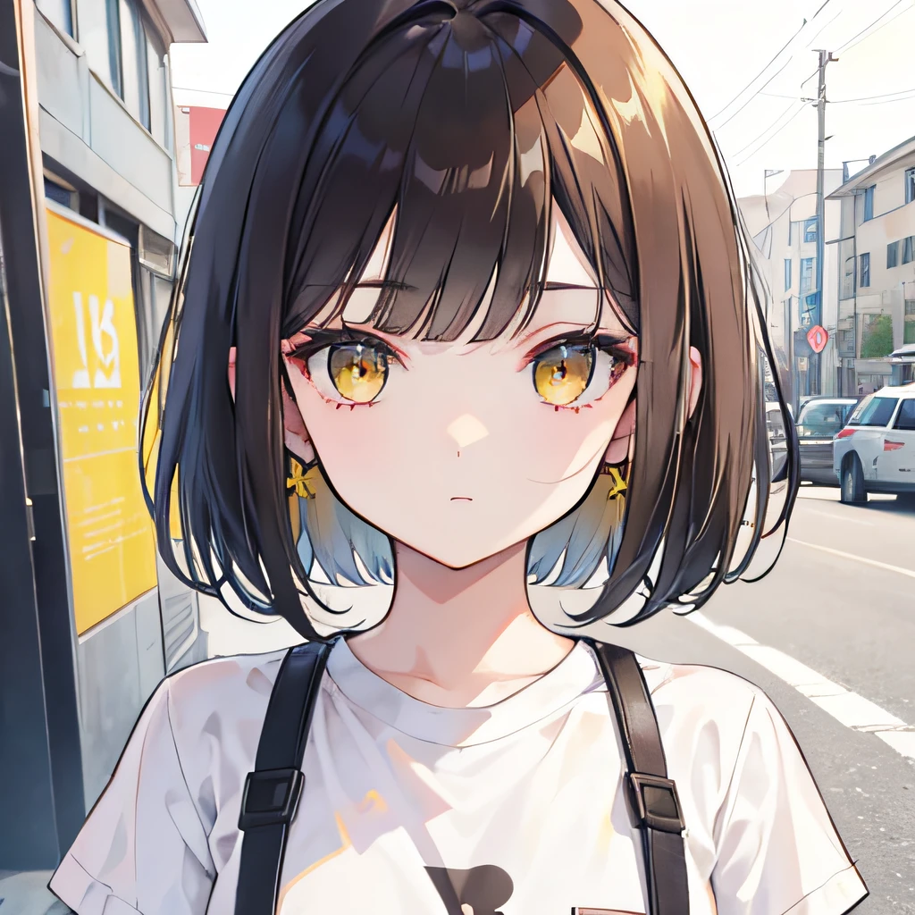 brunette color hair,short detailed hair,By bangs,Yellow eyes,adolable,teens girl,white short sleeve,frontal photos,ID photo