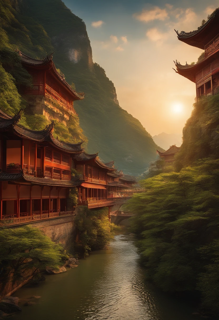 tmasterpiece，Ultimate quality，CG unity 8k wallpaper，Super delicate，Beautiful skies and clouds，Rich natural scenery，sheer cliffs，Lakes and rivers，Waterfall flying water，Aoyama is beautiful，Nowhere to be seen，Excellent view，A long-won photo contest，Background bokeh，The depth of field is full，HDR high dynamics，True restore，Attention to detail，Dramatic，The perfect presentation of Midjourney's artistic style，Xiangxi Small Courtyard
