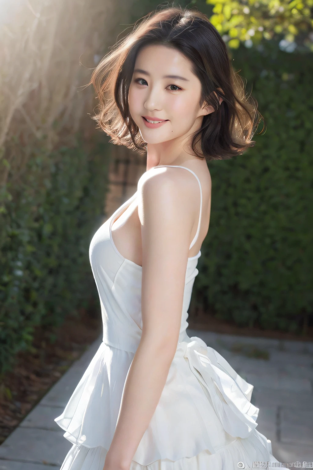 ((best qualtiy, 8k, tmasterpiece:1.3)), Focus:1.2, perfect figure beautiful woman:1.4, Cocked buttocks:1.2, ((Cut hair in layers, Beautiful breasts:1.2)), Bandeau Dress:1.1, Highly detailed facial and skin texture, A detailed eye, 二重まぶた,Whiten skin,long whitr hair,(Keep one's mouth shut:1.3),ssmile