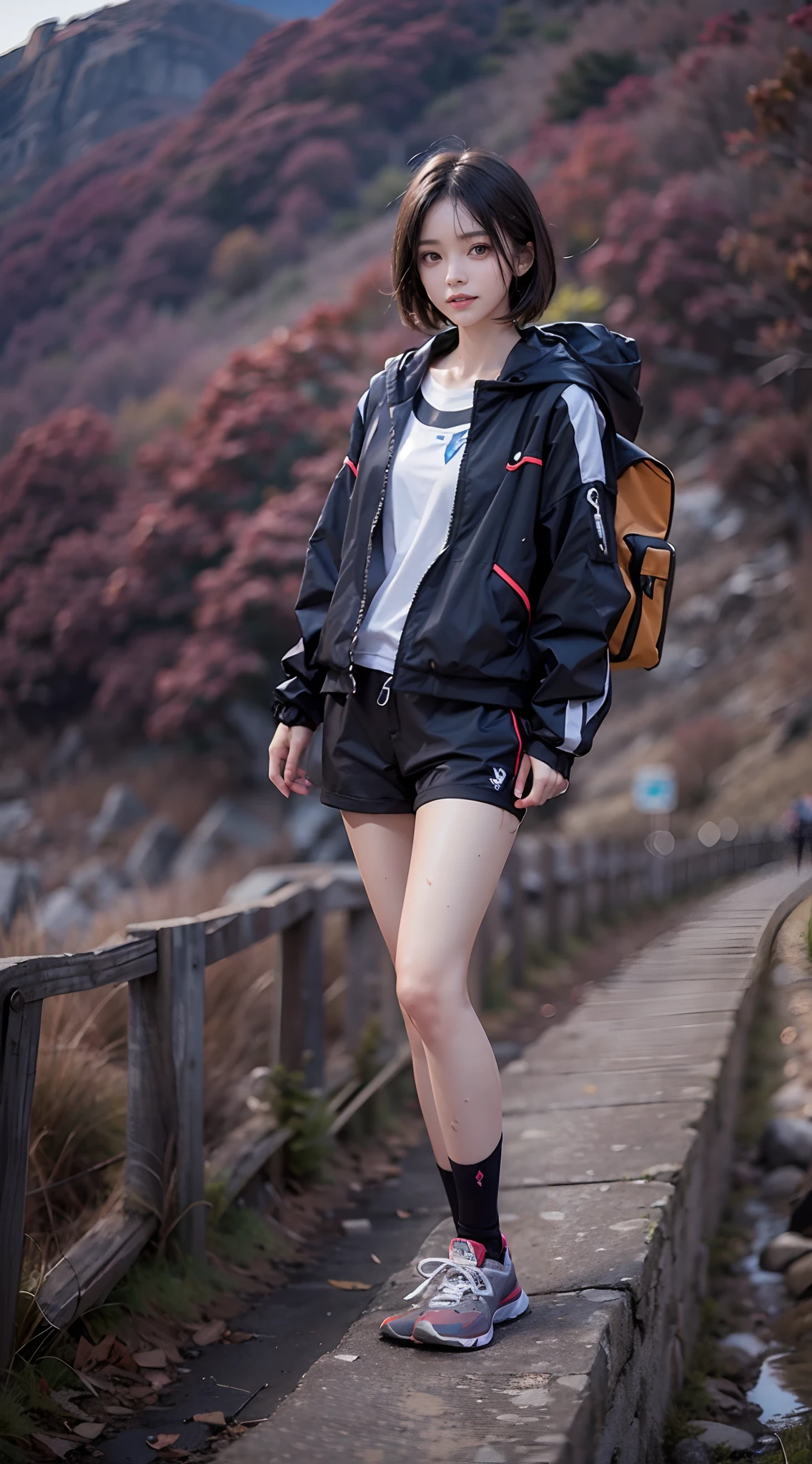 Hiking trails, Mountain Girl Costume, Outdoor Suit Jacket, leggins, backpack, (The FW), 1womanl, 独奏, 24 year old, 7headed body, (cute face), (Ideal ratio body proportions), (Composition from head to thigh), Smiling smile, erectile nipple, Sexy body, Wet, short-hair, Dark hair, small tits, A slender, Small buttocks, beauty legs, Skinny Legs, surrealism, Cinematic lighting, depth of fields, One-person viewpoint, F/1.8, 135 mm, nffsw, masutepiece, ccurate, ((Anatomically correct)), Textured skin, Super Detail, high details, High quality, awardwinning, Best Quality, hight resolution, 8K