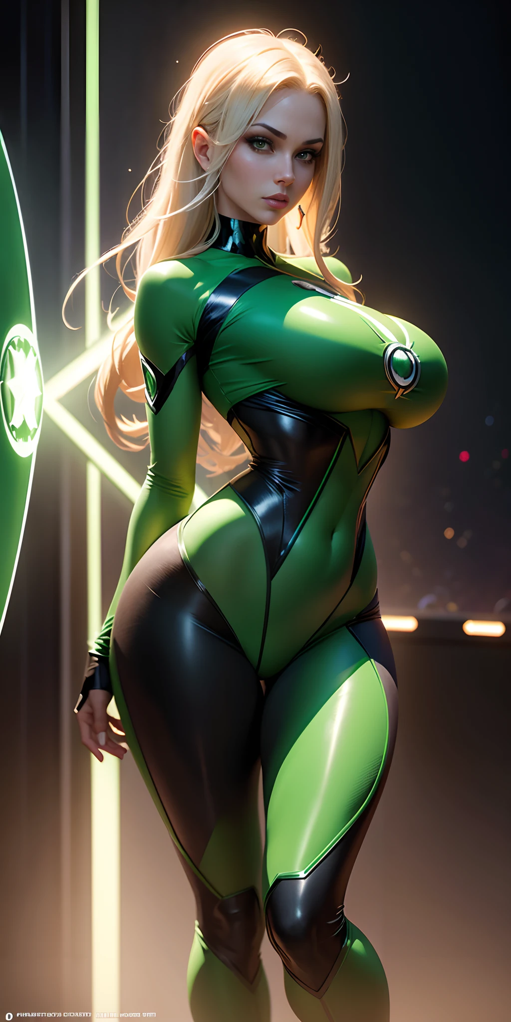 Masterpice, Woman dressed as Green Lantern from DC, big breasts, big butt, sexy body, frontal, full-length, looking at the camera, facing the audience, standing posture, Galaxy background, three-dimensional light, detailed full-body concept, sleek digital concept art, beautiful full-body concept art, art trend, CGsociety full-length,