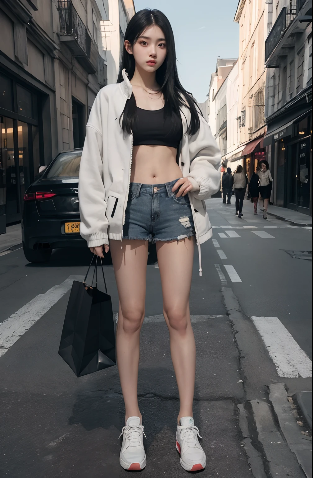 best quality, masterpiece, (photorealistic:1.4), 1girl, raw, ultra hd, dramatical light, glowing skin, full body, standing in front of store, long black straight hair, gray cotton jacket, white croptop, hot pants, long shock, white shoes, street wear style, body slim, asian girl, abs,
