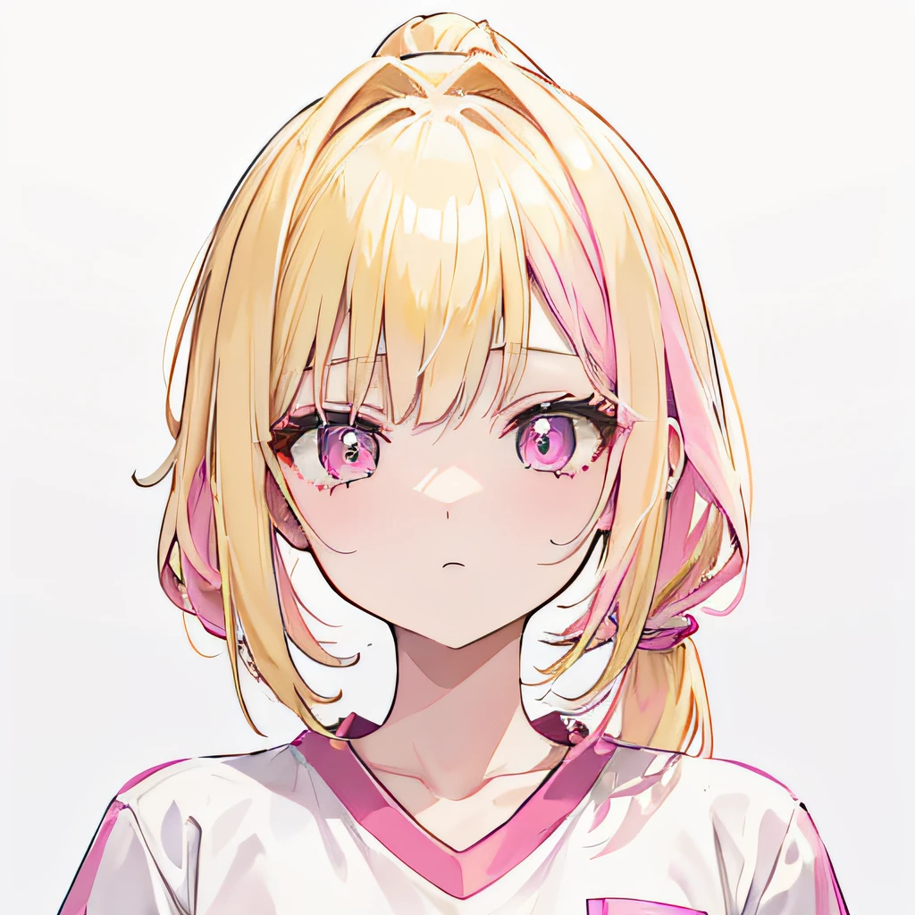 Light yellow hair,Double ponytail hairstyle,Pink eyes,Pink pupils,s girl,white short sleeve,frontal photos,ID photo