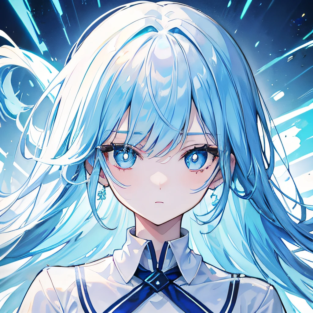 Cold girl White pupils Aqua blue hair Long hair Cold expression ，white short sleeve，frontal photos，ID photo