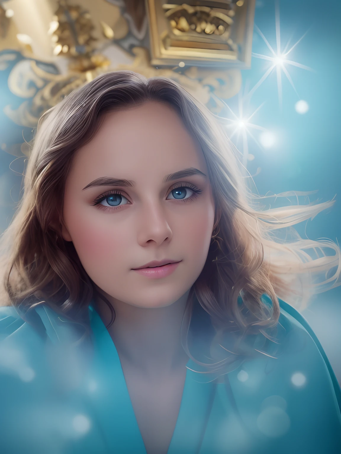 (tmasterpiece: 1.2, beste-Qualit), realisti, (realistic picture, Complicated details, Depth of field), beste-Qualit, tmasterpiece, Detailed, semi-realistic, 1 girl, 21 old years, hair light, The left eye is covered with hair, Cyan eyes, royal clothing, red chestcoat, Slender figure, Crown of precious gold