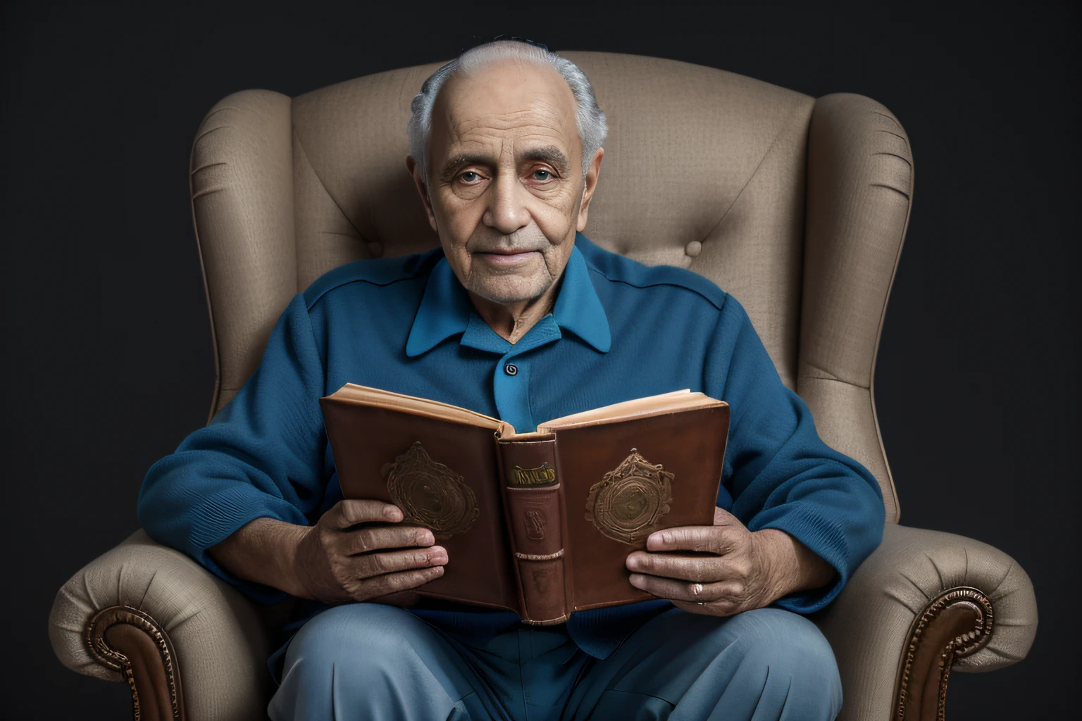 homem arafed sentado em uma cadeira lendo um livro, retrato do livro, um homem de 80 anos, Ler um livro, Retrato de um velho, he is holding a large book, Retrato de um velho, foto de retrato, foto do retrato de um homem velho, inspirado em Yousuf Karsh, foto de retrato em close-up, Wise old man, foto de retrato detalhada, retrato de alta qualidade