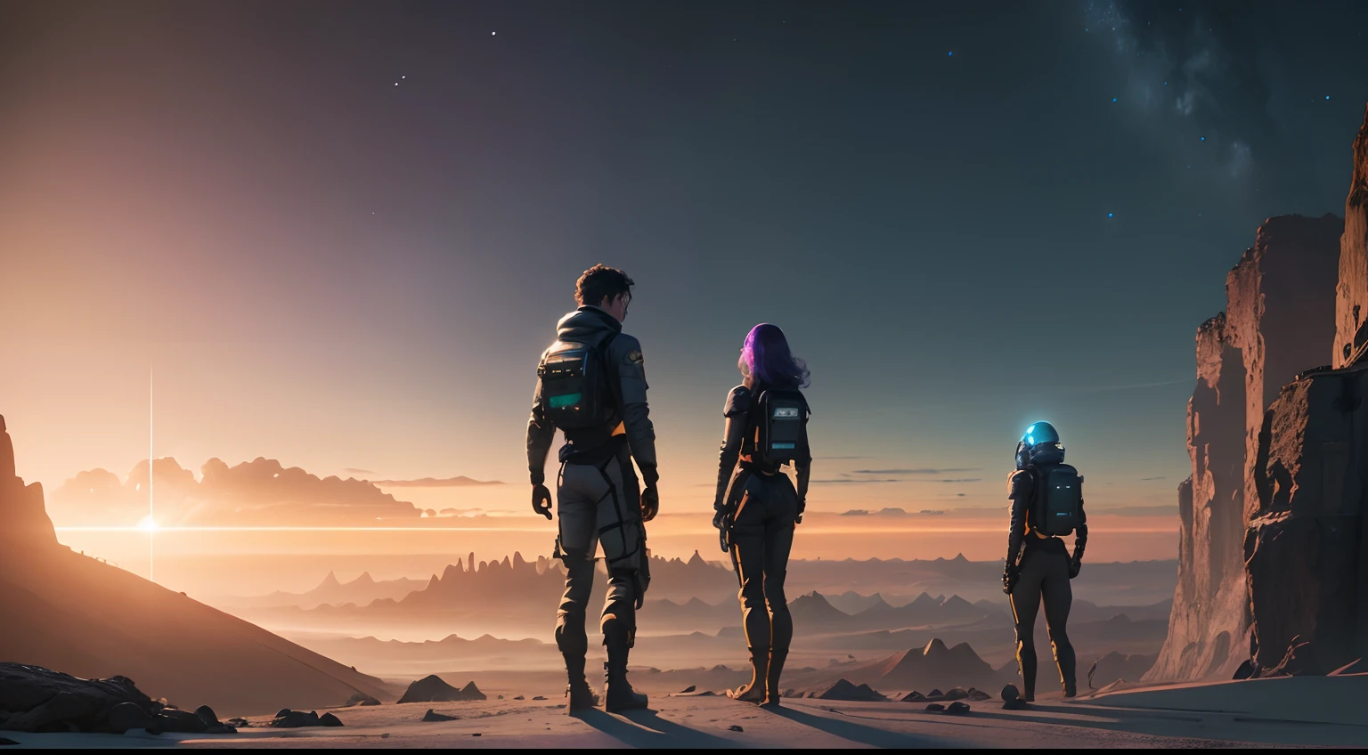 Intriguing and captivating and dark image of a rustic and unspoiled planet in the Outer Rim. Include images of the explorers and their spacecraft perched on the surface of the planet - Dr. Jason Thorp, Alana Oliveira, Josh Fernandes e Ashley Folk com trajes espaciais, mas sem capacete, in poses that convey determination and reflection. no centro da imagem, destacar os protagonistas como em uma pose de filme. temporal energy irradiation. The image aims to capture the essence of space exploration on an inhospitable planet filled with exotic green vegetation (similar to the Amazon Rainforest), with space exploration equipment and futuristic elements, Cyberpunk e elementos misteriosos. 8k. Adicione respingos de luzes brilhantes e sombras profundas para criar um clima de suspense. Colors should be rich and contrasting to draw attention. The image should capture the sense of mystery, aventura, and discovery that permeates history.