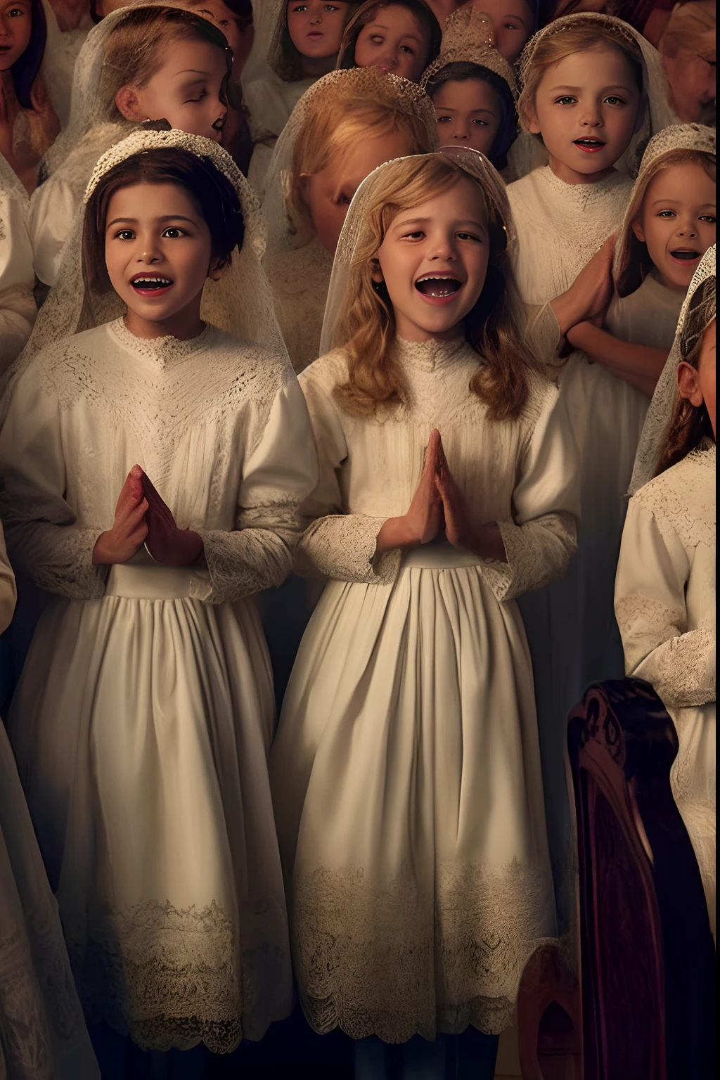 Group of with white dresses and beanies stand in a choir, anjos biblicamente precisos, anjos em vestidos de gaze branca, mami_Taylor-Alegria, Netflix, Directed by: Gavin Nolan, muito animado, Directed by: Murray Tinkelman, Directed by: Emma Andijewska, vestir. rostos perfeitos, em branco, Erwin Olavo, Vestidos! intrincado, vestes religiosas