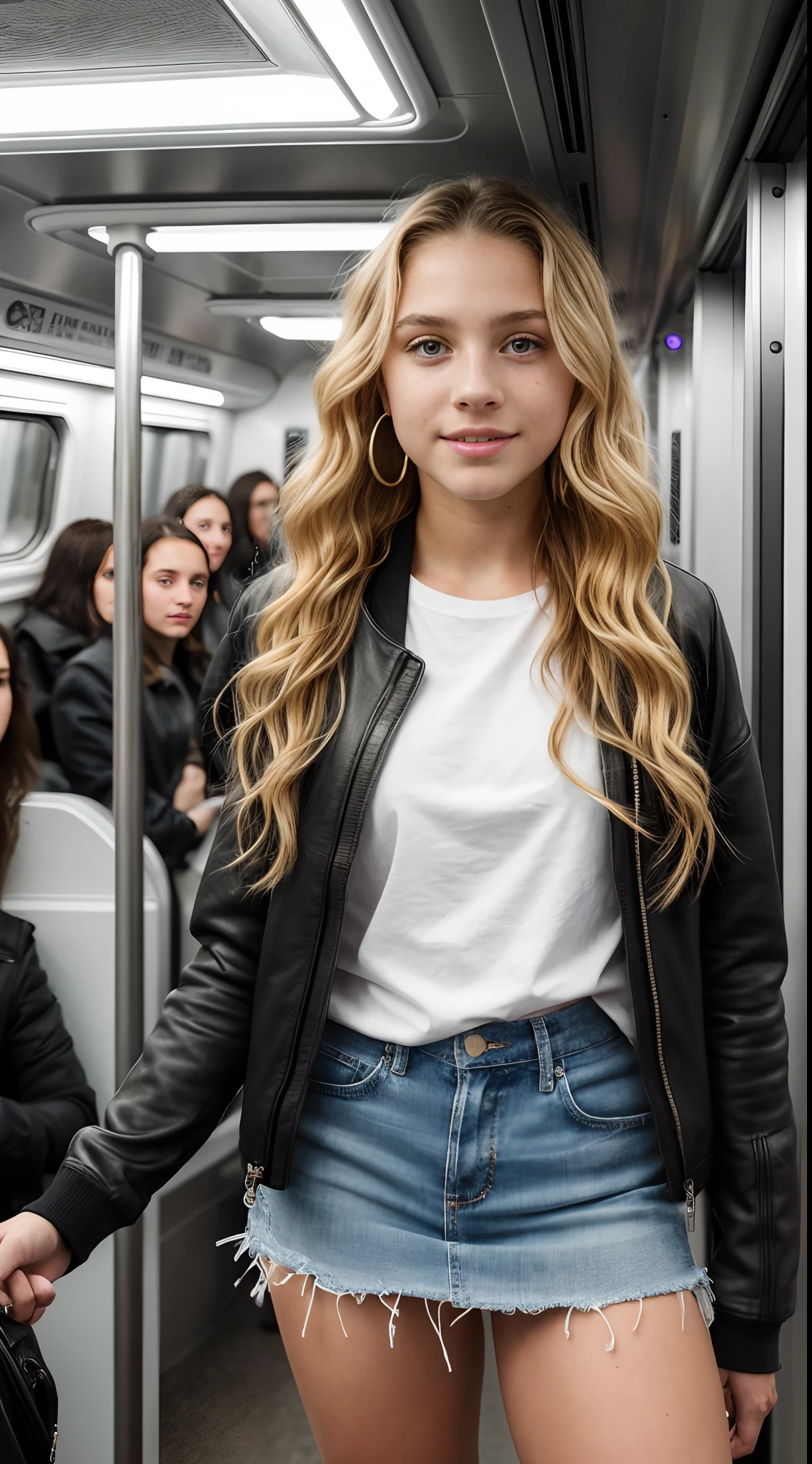 (()), beautiful girl, freckles on her face, light green eyes, large earrings, white t-shirt, jacket, mini skirt, black tights, heeled boots, full body, shot from below, very light skin , very long hair, wavy hair , blonde hair, busy subway car, photorealistic, indirect lighting, volumetric light, ray tracing, hyper-detailed, best quality, ultra-high resolution, HDR, 8k