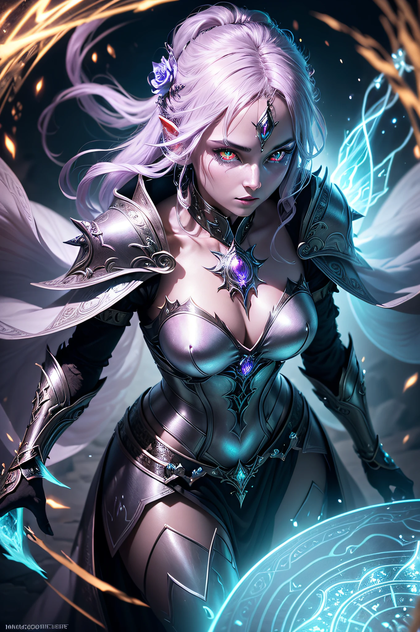 fantasy image, intricately detailed photograph of a warlock woman, wearing armor, ((glowy eyes)), ((ethereal glow of magic spells)) shiny metal pieces, holographic glow, light particles, roses, hyperdetailed skin, defiant gaze shot on dslr camera, shot by MSchiffer, 32k resolution, best quality,