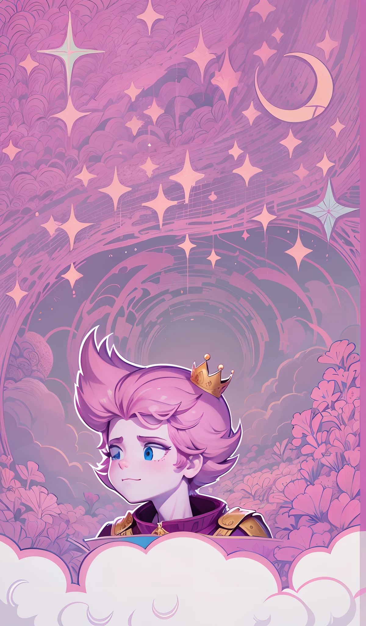 cartoon strokes, textura, Homem pink, cabelo pink, encima das nuvens, Feliz, Apenas mais um cardoon, Prince wearing his little crown, Coming out of a tunnel of flowers and clouds