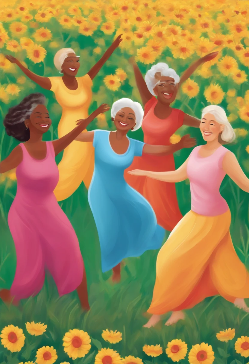 A vibrant and colorful real photo of a group of diverse women over 50, all radiating confidence and joy. They are depicted engaging in various activities such as yoga, hiking and dancing, representing the importance of physical and mental well-being. In the background there is a green meadow full of colorful flowers. This image is intended to inspire and uplift women of all ages, celebrating the beauty and vitality of women.