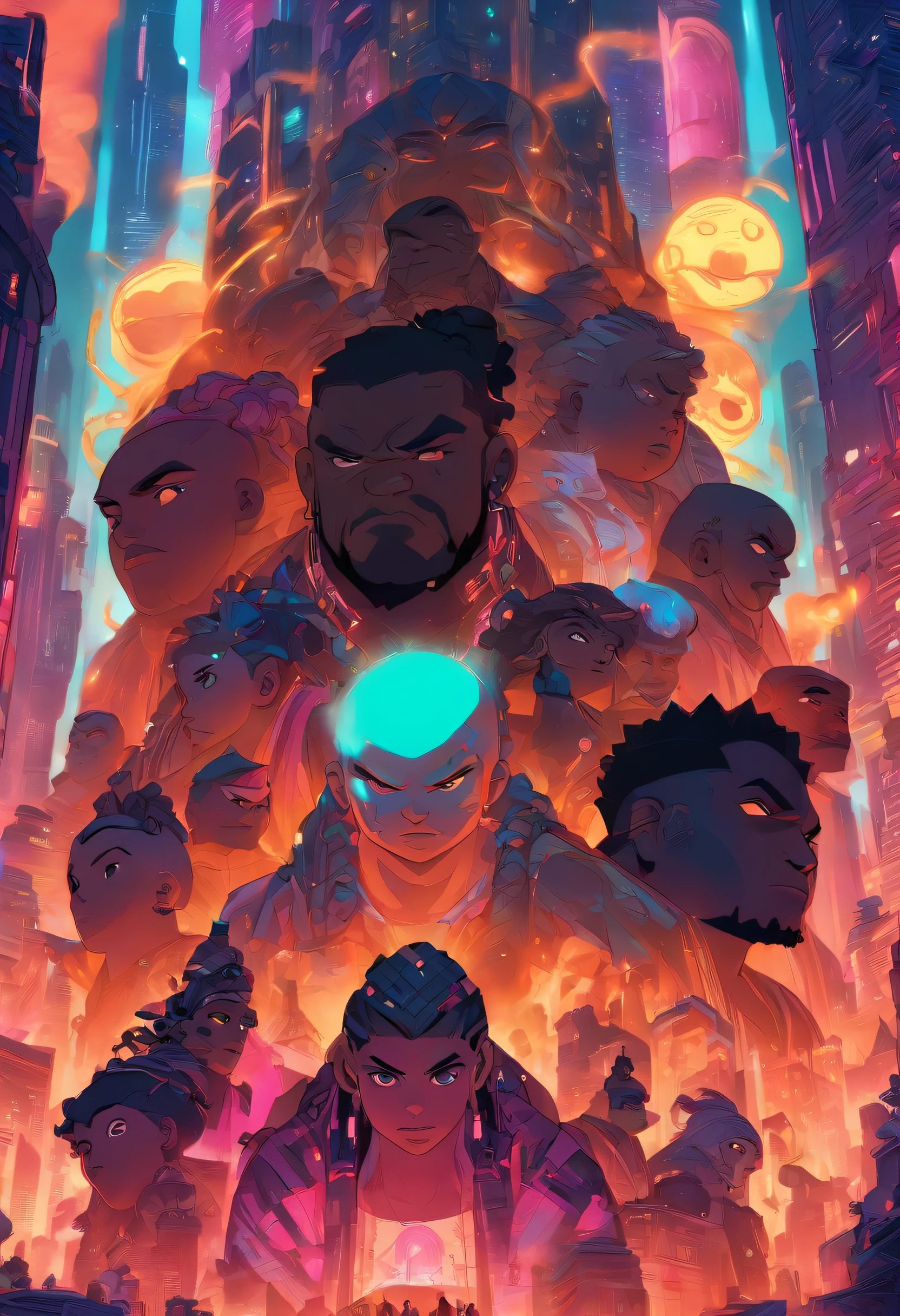 a digital painting of Setting: A bustling urban cityscape at sunset, with skyscrapers casting long shadows and streets filled with people going about their daily lives. Illustration: The sky suddenly illuminates with a radiant golden hue. A portal, swirling with cosmic energy, opens above the city. From it, descend the ancient ancestors, appearing as infants but emanating an aura of ageless wisdom. Foreground: A group of descendants, representing diverse backgrounds, looking up in awe and confusion. Speech Bubbles: Ancestor 1 (emerging from the portal): "Fear not, descendants. We come from beyond time, bearing truths long forgotten." Descendant 1 (pointing up): "Who... or what are they?" Descendant 2 (squinting): "They look like babies... but feel... ancient?" , cyberpunk art by Josan Gonzalez, winner of the behance contest, afrofuturism, synthwave, neon, shiny neon, Brazilian man, ((shaved beard)) rounded face, ((fat face)), Face, chubby, ((((scarred afro hair)))