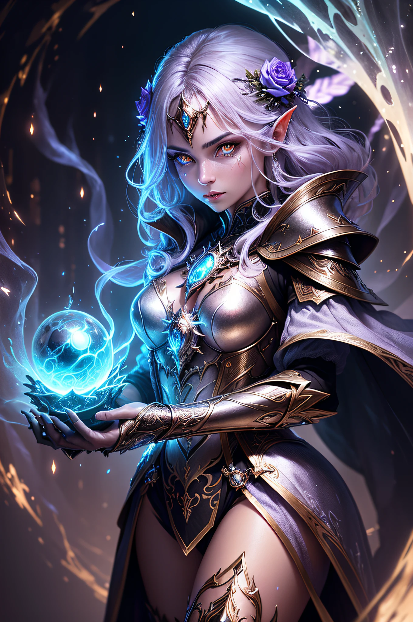 fantasy image, intricately detailed photograph of a warlock woman, wearing armor, ((glowy eyes)), ((ethereal glow of magic spells)) shiny metal pieces, holographic glow, light particles, roses, hyperdetailed skin, defiant gaze shot on dslr camera, shot by MSchiffer, 32k resolution, best quality,