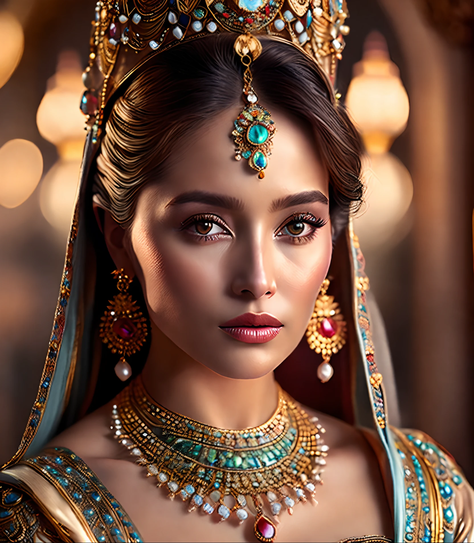 Ancient women, Princess wearing lots of jwellery, beautiful, attractive, intricate details, 4k, hyper realistic, hyperdetailed, potrait image, clicked by 70 mm lens, professional photography, cinematic lighting
