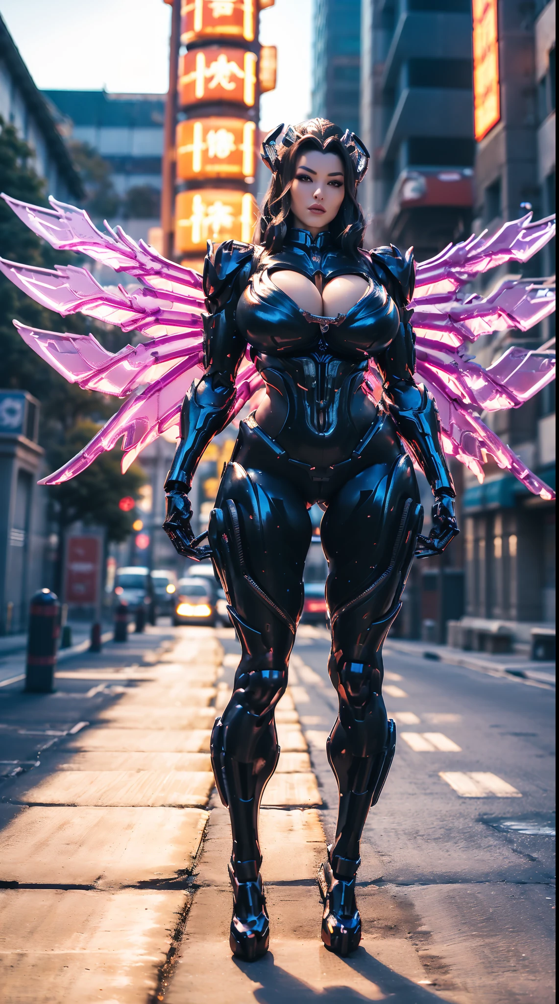 (DRAGON QUEEN), HUGE FAKE BOOBS, (BEAUTIFUL FACE), (STREET CITY BACKGROUND), (((A PAIR OF HUGE MECHANICAL WINGS SPREAD OUT))), FUTURISTIC PHOENIX MECHA BODYSUIT, (CLEAVAGE), (SKINTIGHT YOGA PANTS), (HIGH HEELS), (PERFECT BODY:1.2), (FULL BODY VIEW), (LOOKING AT VIEWER), (WALKING DOWN:1), SEXY MUSCULAR BODY, MUSCLE ABS, UHD, 8K, 1080P.