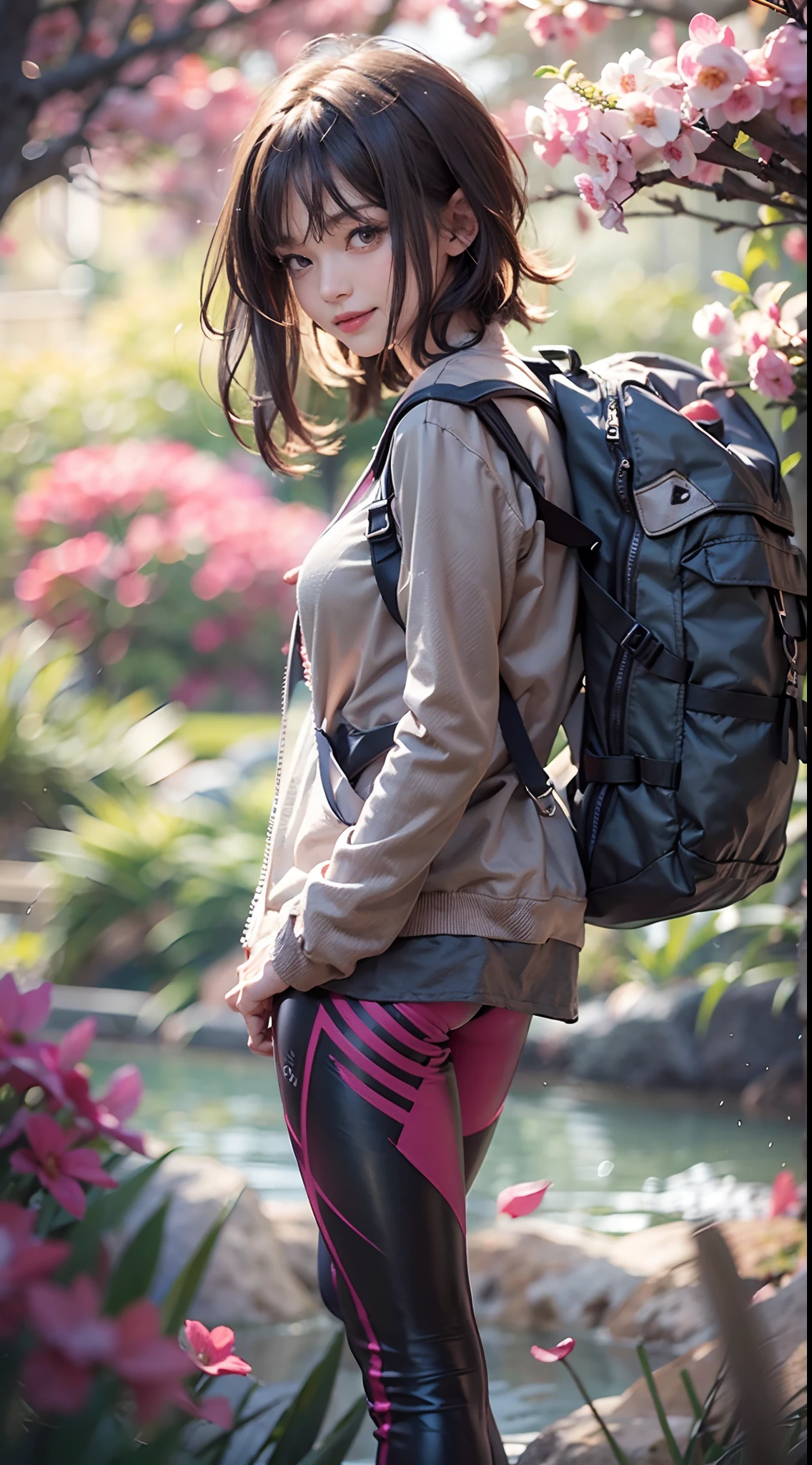 Hiking trails, Mountain Girl Costume, Outdoor Suit Jacket, ((leggins)), ((backpack)), (NSFW), 1womanl, 独奏, 24 year old, 7headed body, (cute face), (Ideal ratio body proportions), (Composition from head to thigh), Smiling smile, erectile nipple, Sexy body, Wet, short-hair, Dark hair, small tits, A slender, Small buttocks, beauty legs, Skinny Legs, surrealism, Cinematic lighting, depth of fields, One-person viewpoint, F/1.8, 135 mm, nffsw, masutepiece, ccurate, ((Anatomically correct)), Textured skin, Super Detail, high details, High quality, awardwinning, Best Quality, hight resolution, 8K