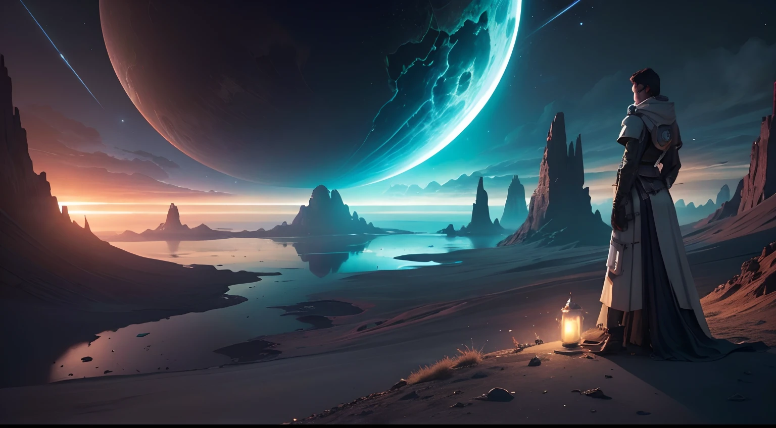 Intriguing and captivating and dark image of a rustic and unspoiled planet in the Outer Rim. Include images of the explorers and their spacecraft perched on the surface of the planet - Dr. Jason Thorp, Alana Oliveira, Josh Fernandes e Ashley Folk com trajes espaciais, mas sem capacete, in poses that convey determination and reflection. no centro da imagem, destacar os protagonistas como em uma pose de filme. temporal energy irradiation. The image aims to capture the essence of space exploration on an inhospitable planet filled with exotic green vegetation (similar to the Amazon Rainforest), with space exploration equipment and futuristic elements, Cyberpunk e elementos misteriosos. 8k. Adicione respingos de luzes brilhantes e sombras profundas para criar um clima de suspense. Colors should be rich and contrasting to draw attention. The image should capture the sense of mystery, aventura, and discovery that permeates history.