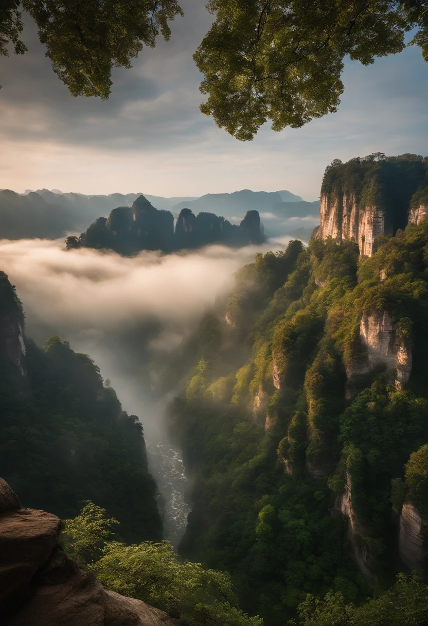 tmasterpiece,Ultimate quality,CG unity 8k wallpaper,Super delicate,Beautiful skies and clouds,Zhangjiajie natural scenery,sheer cliffs,Lakes and rivers,Waterfall flying water,Aoyama is beautiful,Nowhere to be seen,Excellent view,A long-won photo contest,Background bokeh,The depth of field is full,HDR high dynamics,True restore,Attention to detail,Dramatic,The perfect presentation of Midjourney's artistic style,low perspective