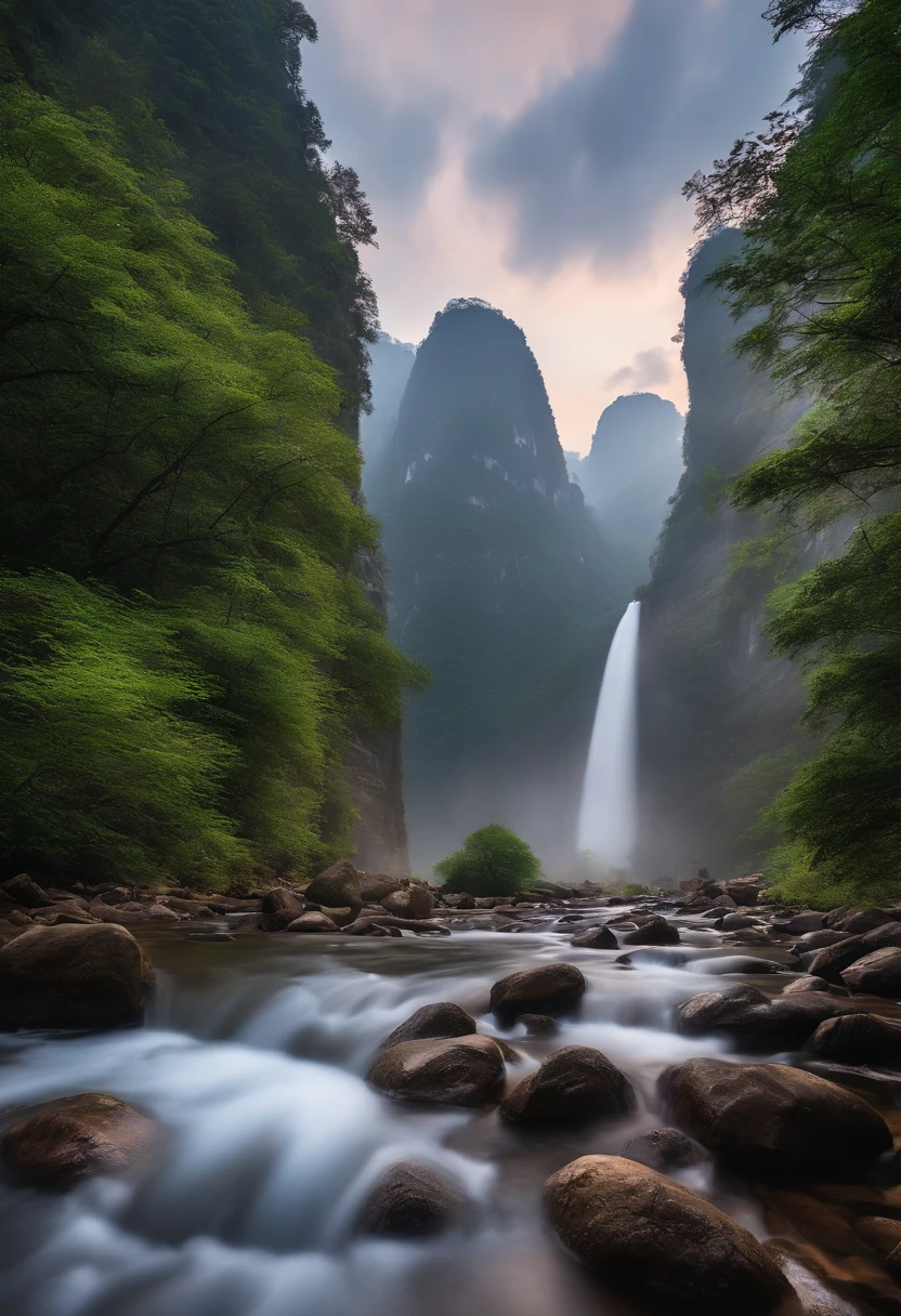 tmasterpiece,Ultimate quality,CG unity 8k wallpaper,Super delicate,Beautiful skies and clouds,Zhangjiajie natural scenery,sheer cliffs,Lakes and rivers,Waterfall flying water,Aoyama is beautiful,Nowhere to be seen,Excellent view,A long-won photo contest,Background bokeh,The depth of field is full,HDR high dynamics,True restore,Attention to detail,Dramatic,The perfect presentation of Midjourney's artistic style,low perspective