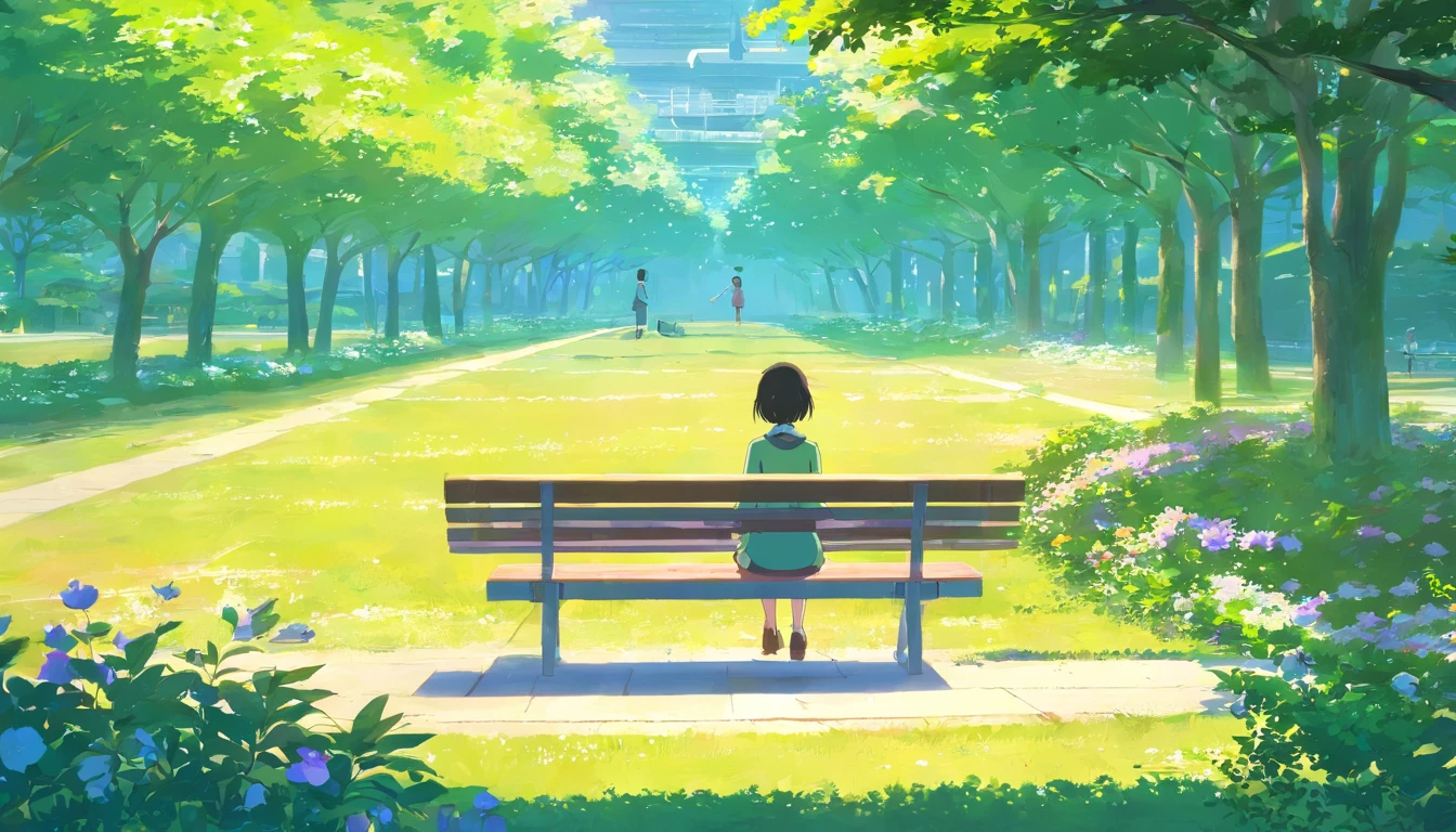 Generate a masterpiece imagine a vast green beautiful garden, grassland with so many beautiful vibrant coloured flowers, bright sunny day, chilly air, blooming wind, people walking on garden, playing kids, [some people sitting on bench enjoying the view, some are eating or drinking something or reading something], some looking at sky, some are watching beautiful flowers