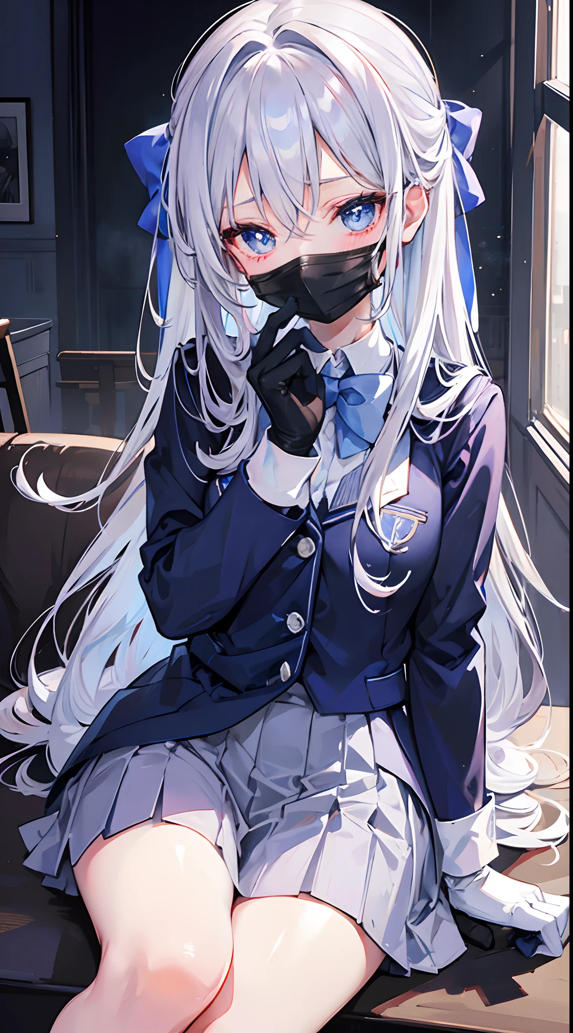 Silver hair bow tie on hair blue eyes with heart shape pupils in school uniform blushing while sitting gloves arm length mask on face