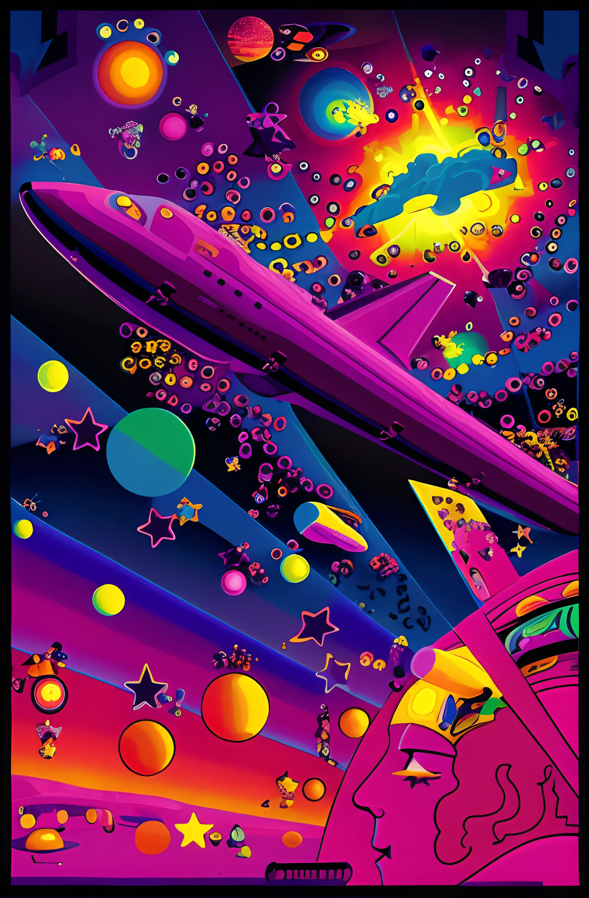 Painting of an airplane flying through a colorful sky with stars, Directed by: Victor Moscoso, Directed by: Peter Max, 70s psychedelic style, inspirado em Peter Max, No estilo de Lisa Frank, psychedelic and sparkling, cosmic lsd poster art, 1968 psychedelic, inspirado em Victor Moscoso, Estilo Lisa Frank, Directed by: Bjørn Wiinblad