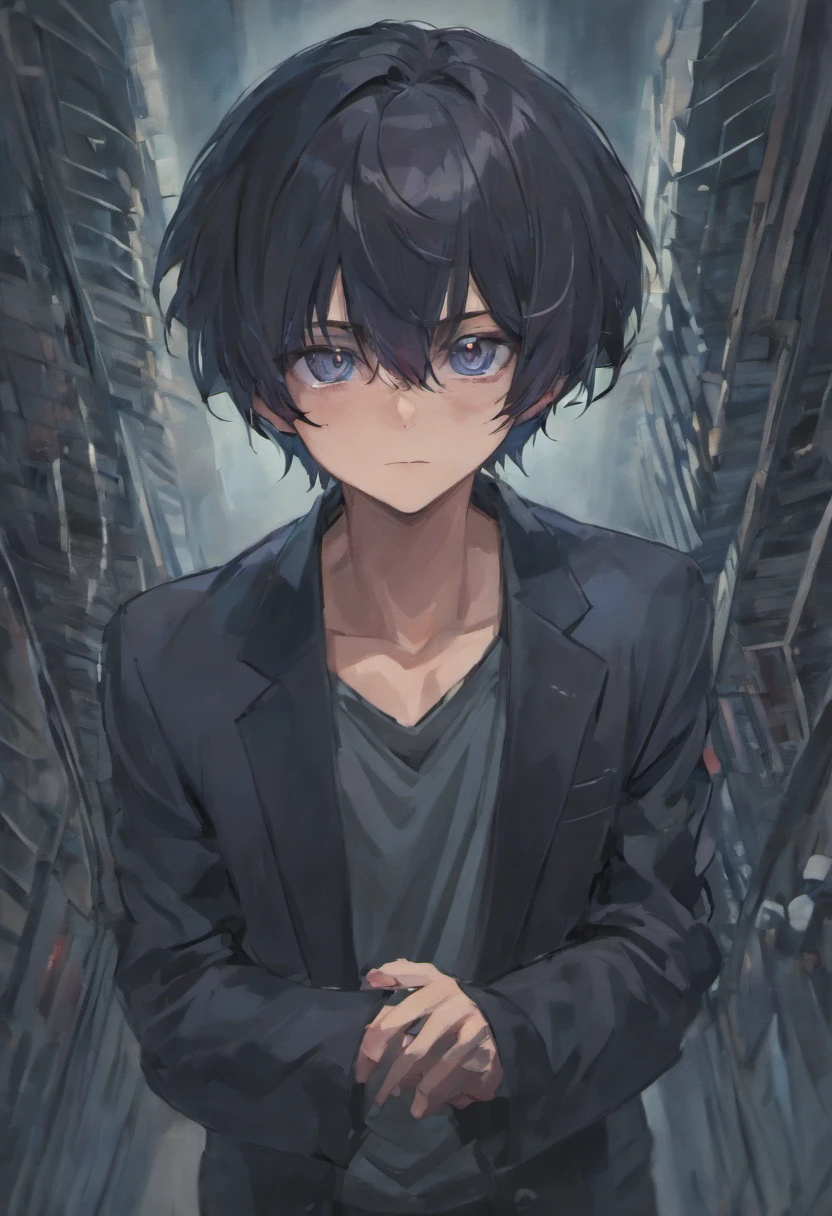 male people,By bangs,Black hair,Black shirt,blue eyess,Hair between both eyes,Bad eyes,eye glass,looking looking at viewer,独奏,hair messy,a bitter smile,年轻,Long body