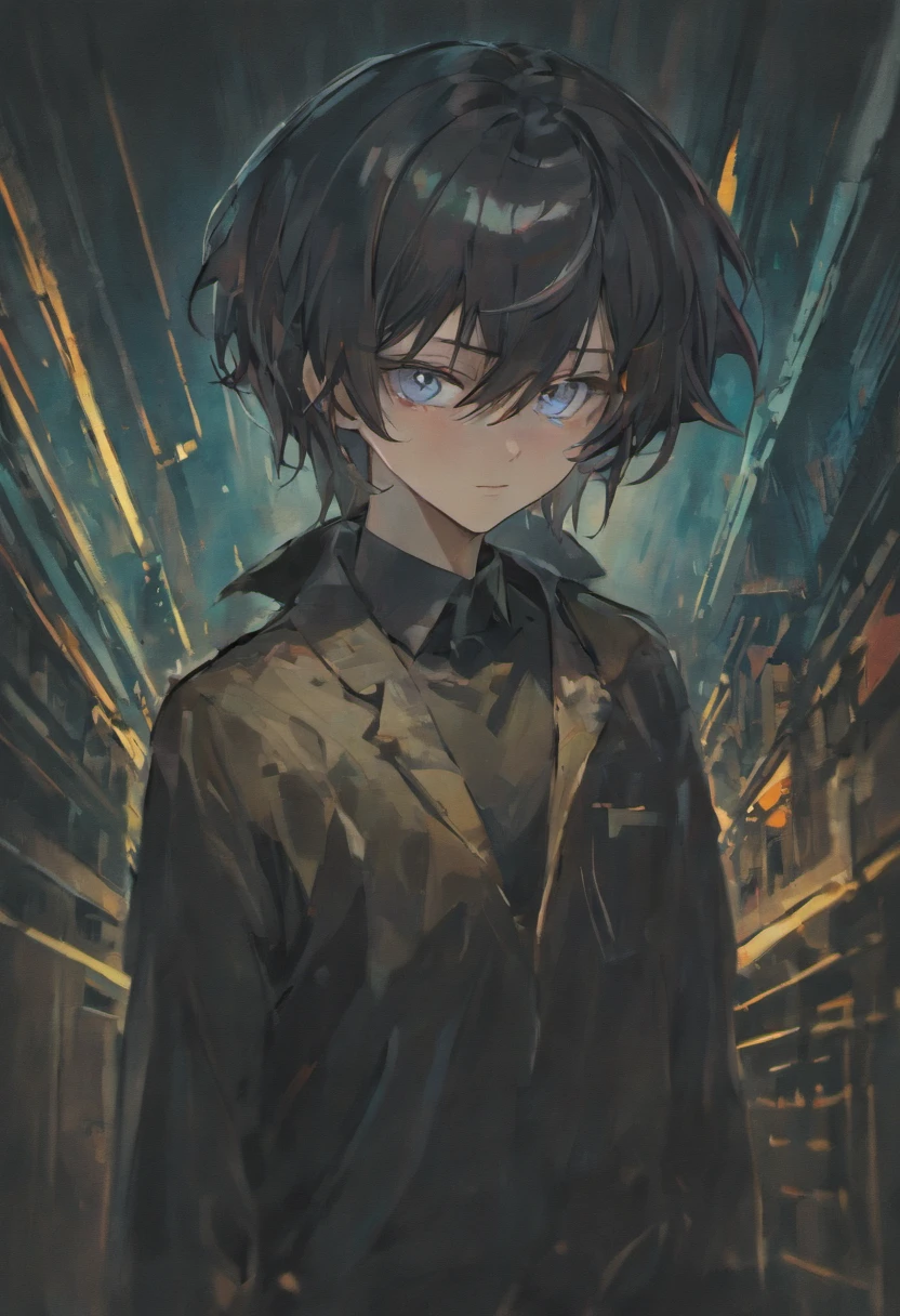 male people,By bangs,Black hair,Black shirt,blue eyess,Hair between both eyes,Bad eyes,eye glass,looking looking at viewer,独奏,hair messy,a bitter smile,年轻,Long body