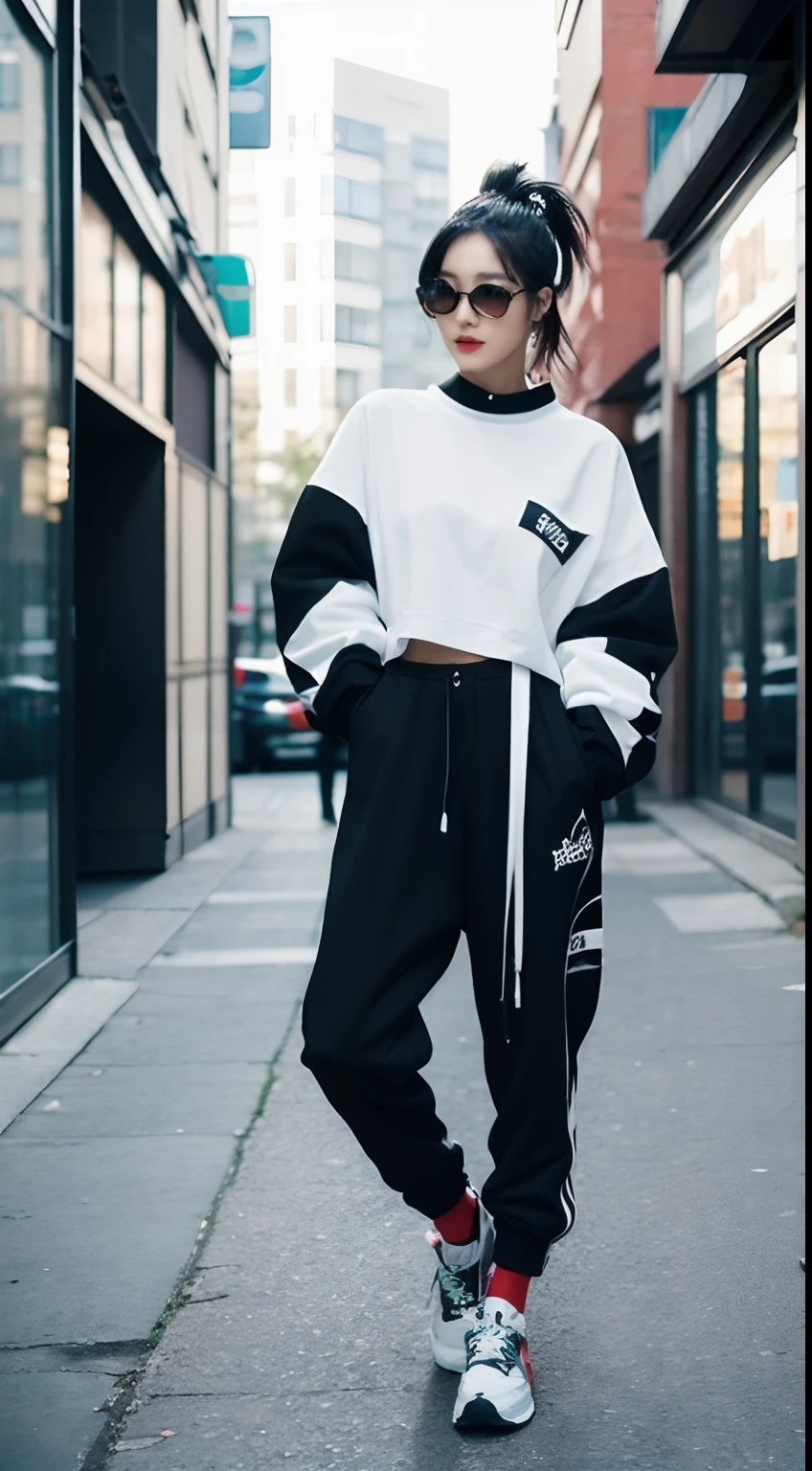 Generate an image of an Asian woman showcasing a stylish streetwear ensemble. Her attire should reflect contemporary urban fashion trends, and she should exude confidence and individuality. Ensure that the background complements the urban setting, creating a compelling portrayal of modern street style