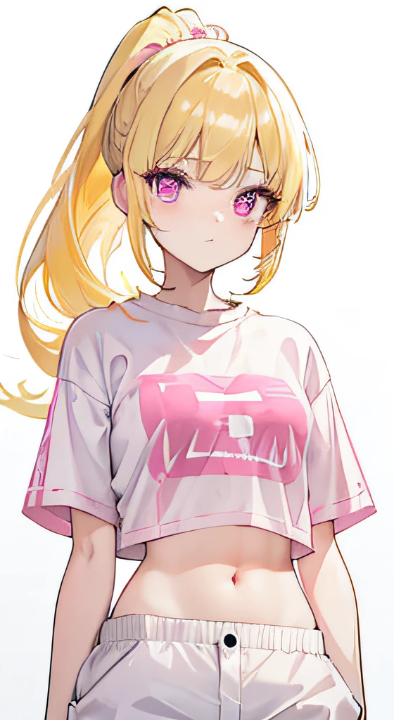Light yellow hair,Double ponytail hairstyle,Pink eyes,Pink pupils,teens girl,white short sleeve,shorter pants,Crop topping,full-body photo on the front,All body