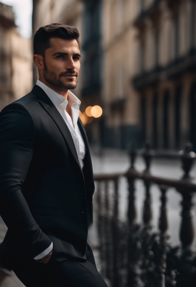 Portuguese 30yo man , dark short  hair with fade, dark suit,confident expression,sharp jawline,vibrant skin,smiling,handsome face,standing pose,city backdrop,professional studio lighting,realistic,a Ferrari, photorealistic:1.37,portraits,vivid colors,cool tone,soft lighting