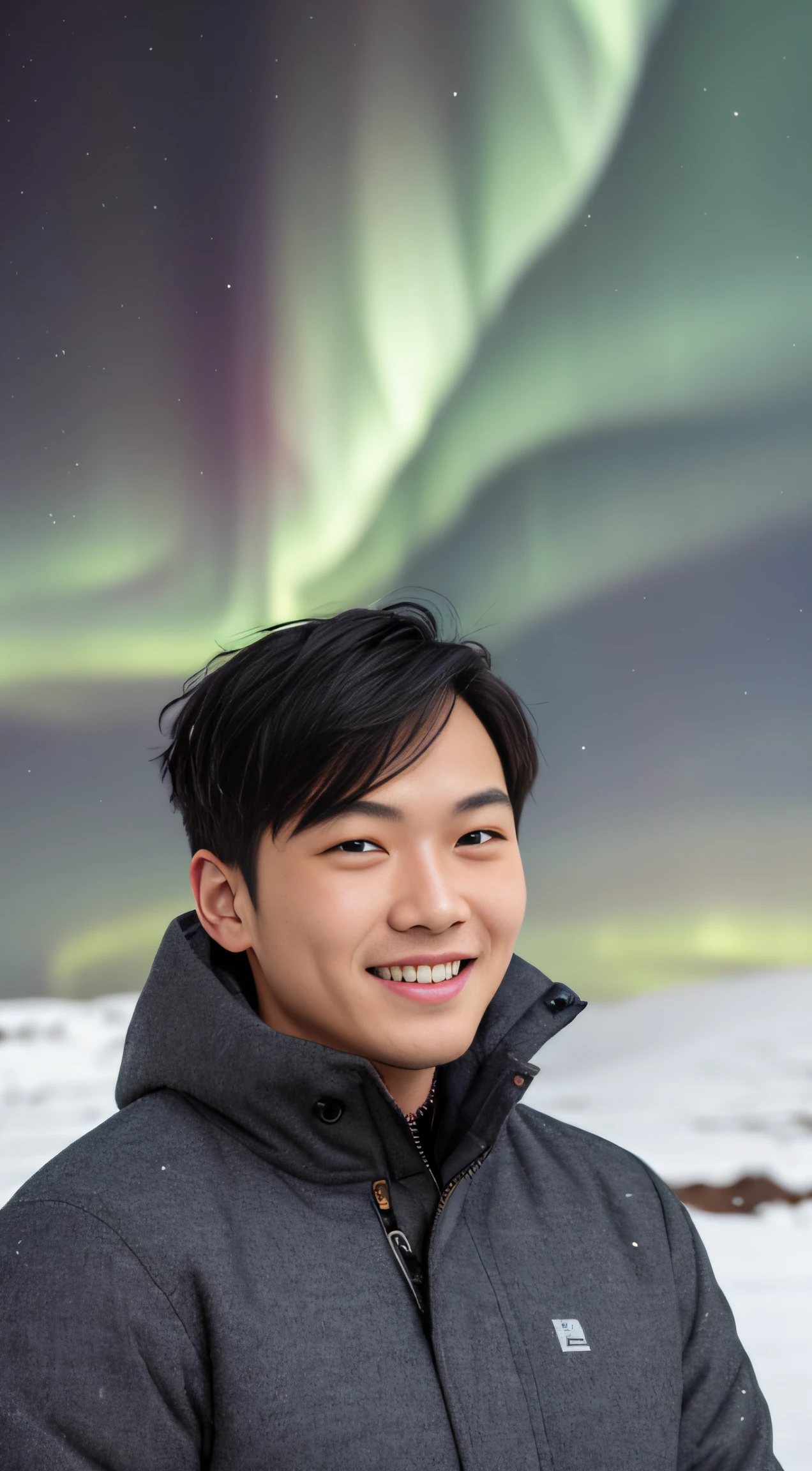 Best Quality, Masterpiece, (photorealistic:1.4), Raw Photo, ((Handsome)), Young Man, Asian, 1 person, black hair, short cropped hair, Side swipe,slightly forehead show, shaved (northern light, aurora and snow background), wearing the full winter clothes and smiling, no tie.
