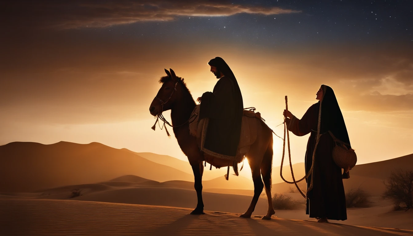 Create an enchanting image of Mary and Joseph, the holy couple, on their nightly journey, with a bright star in the sky guiding their path. They are carefully mounted on a donkey, which walks gracefully through the desert. The scene is serene and filled with warmth and hope as they travel to the location of their special destination.