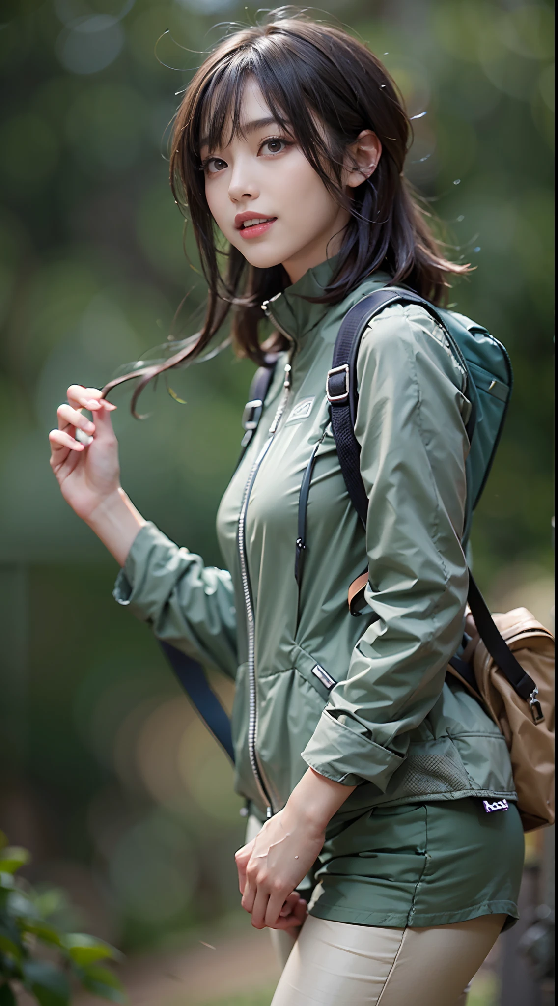 Hiking trails, Mountain Girl Costume, Outdoor Suit Jacket, ((half-pants)), ((leggins)), ((backpack)), (NSFW), 1womanl, 独奏, 24 year old, 7headed body, (cute  face), (Ideal ratio body proportions), (Composition from head to thigh), Smiling smile, erectile nipple, Sexy body, Wet, short-hair, Dark hair, small tits, A slender, Small buttocks, beauty legs, Skinny Legs, surrealism, Cinematic lighting, depth of fields, One-person viewpoint, F/1.8, 135 mm, nffsw, masutepiece, ccurate, ((Anatomically correct)), Textured skin, Super Detail, high details, High quality, awardwinning, Best Quality, hight resolution, 8K