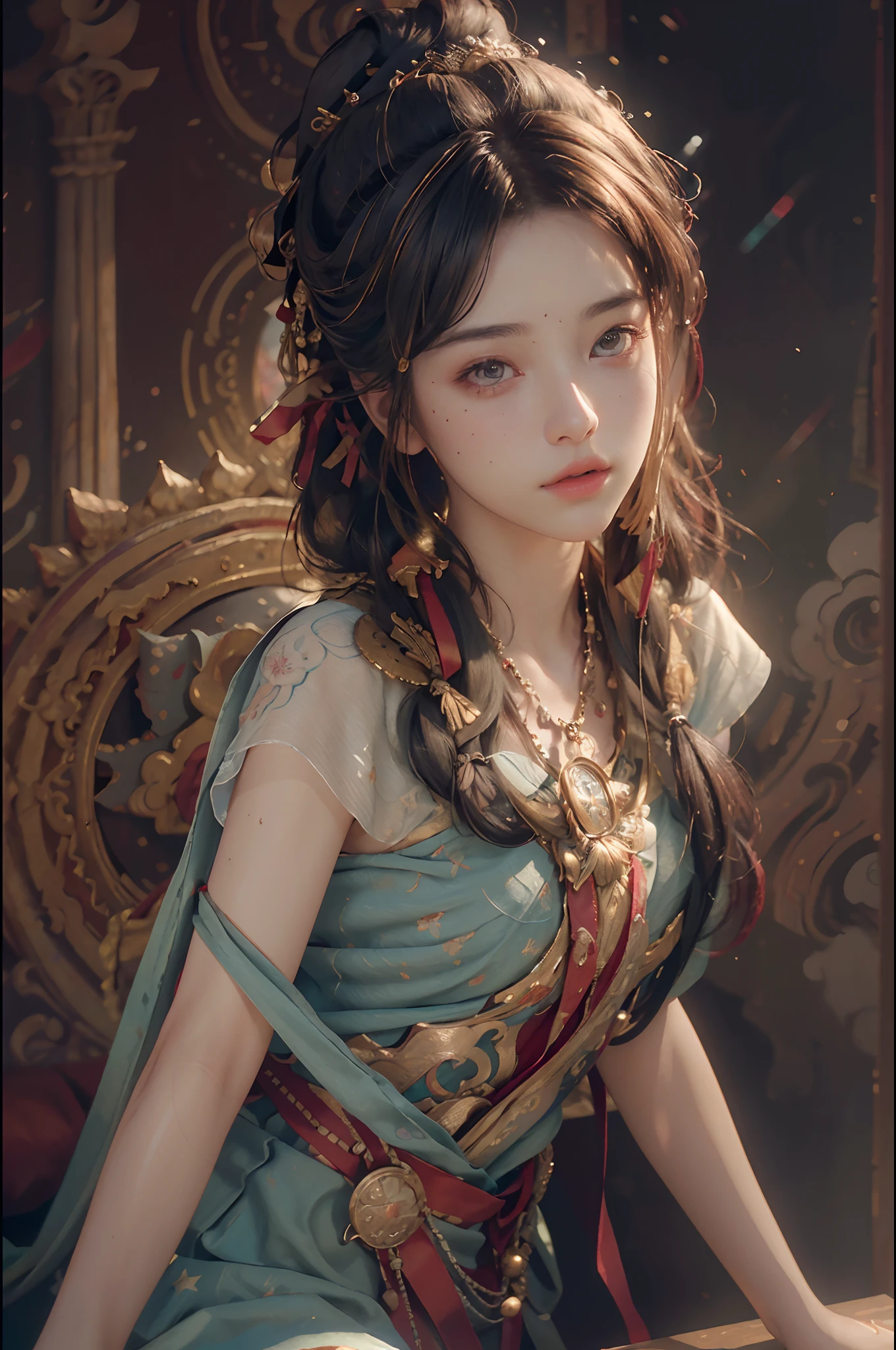 （Single focus：1.5），Hyper-detailing，（tmasterpiece：1.4），optimization，超高分辨率， 1Blittle girl（（fei））in a sunbeam，（（独奏）），（Chinese immortals，Dunhuang costumes，Dunhuang style 1.5）， outrageously long，Black hair，（tiny mouth：1.5），（full bodyesbian：1.7），（long leges：1.4），Barefoot，The ankles are dotted with bells，There is a mole under the mouth，Moles under the eyes （（gaming console_CG））((（quality）))（（（ultra - detailed）））（（（tmasterpiece）））， "water" Theme，Chinese theme，ink wash style，Tension lens，Background of details，Doubleexposure，BUDDHA STATUE， flawless perfection，Ren，Extremely flowing hair，masterwork，professionalartwork，Works by famous artists， Beautiful lighting，Cinematic lighting，Ray traching，3D，3Drenderingof，High-precision shadows，closeup cleavage，（Macro lens，Macro lens：1.25），（Detailed depiction of the face），（Detailed description of the eyes），（The face is delicate），（Delicate depiction of the face），Realistic skin，The light and shadows are realistic