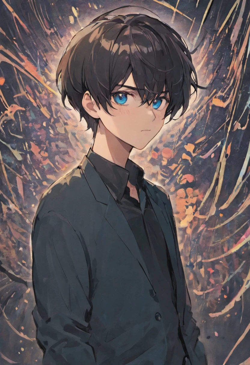 male people,By bangs,Black hair,Black shirt,blue eyess,Hair between both eyes,Breakdown,eye glass,looking looking at viewer,独奏,hair messy,a bitter smile,tall
