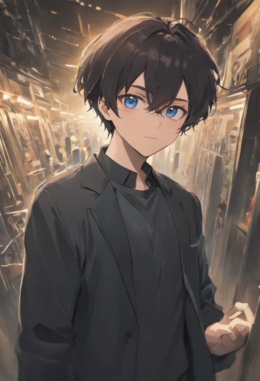 male people,By bangs,Black hair,Black shirt,blue eyess,Hair between both eyes,Breakdown,eye glass,looking looking at viewer,独奏,hair messy,a bitter smile,tall