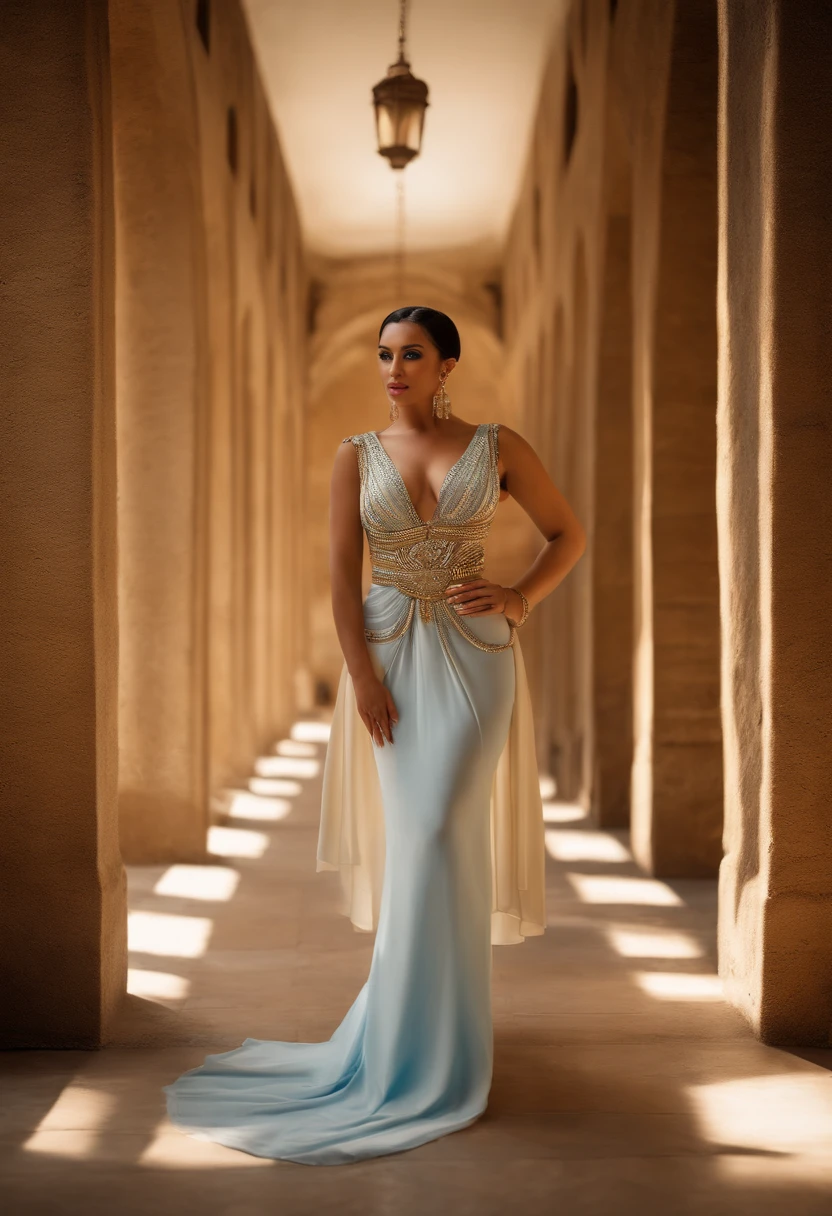 Photo of jortega in a semi transparent Cleopatra outfit, solo, blue eyes, reverse bob haircut, big breasts,big buttocks, facing camera, open exterior hallway with stone walls and floors, warm atmosphere, photograph, photoshoot, Captured by Panavision Panaflex Platinum Camera with Panavision Primo Primes Spherical Lens 75mm T1.9