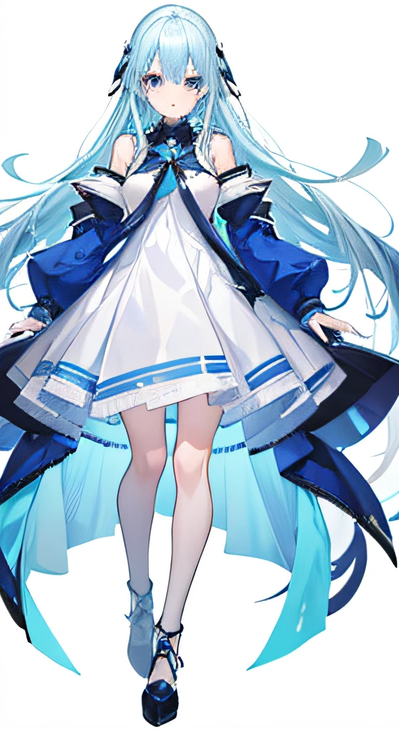 Cold girl White pupils Aqua blue hair Long hair Cold expression ,a blue dress,full-body photo on the front,All body,Fingers and arms are not exposed