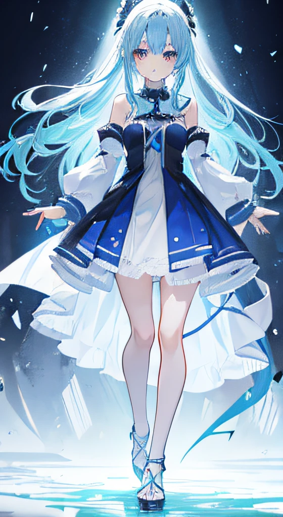 Cold girl White pupils Aqua blue hair Long hair Cold expression ,a blue dress,full-body photo on the front,All body,Fingers and arms are not exposed