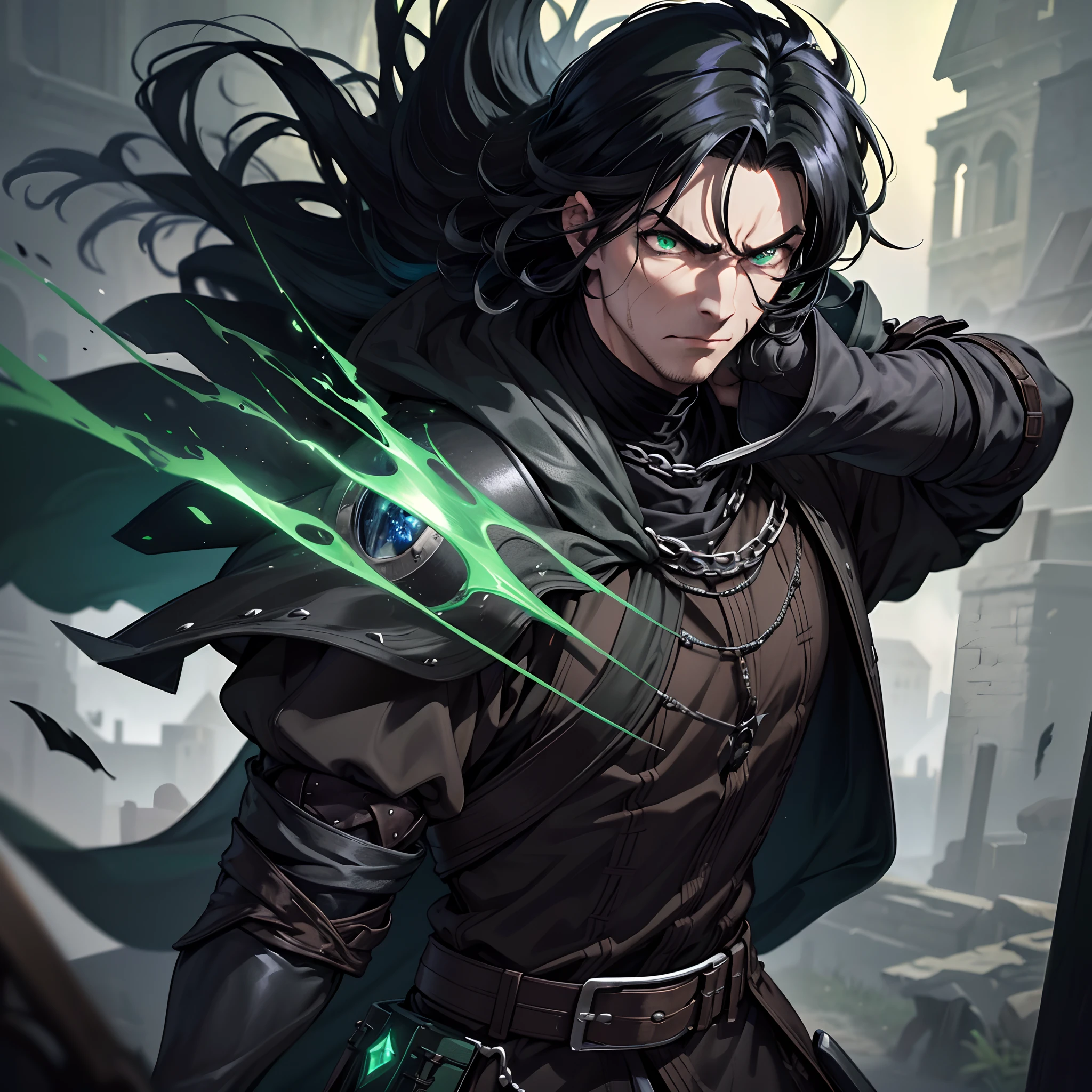 best quality,4k,highres,ultra-detailed,realistic,professional,(dark fantasy,1.1),(medieval,1.1),homem,black hair,intense green eyes,angry expression,detailed facial features,dark fantasy background,medieval attire,sharp focus,vivid colors