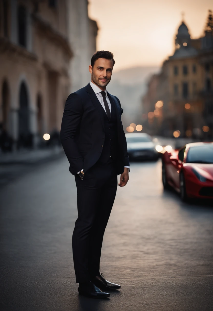 Italian 30yo man , dark short  hair with fade, dark suit,confident expression,sharp jawline,vibrant skin,smiling,handsome face,standing pose,city backdrop,professional studio lighting,realistic,a Ferrari, photorealistic:1.37,portraits,vivid colors,cool tone,soft lighting