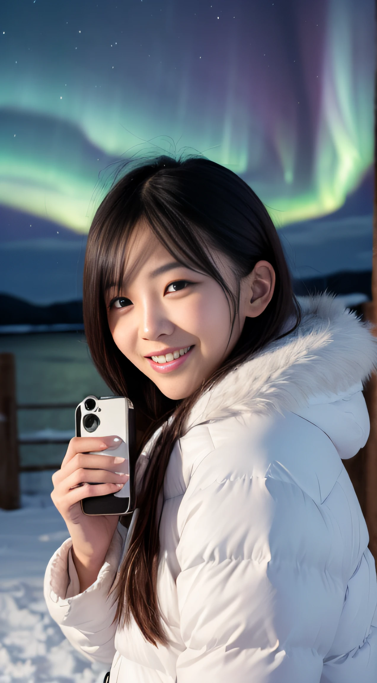 Best Quality, Masterpiece, (photorealistic:1.4), Raw Photo, ((pretty)), Young Girl, Asian, 1 person, black hair, Side swipe,slightly forehead show, shaved (northern light, colorful aurora and snow background), wearing the full winter clothes and smiling and holding camera