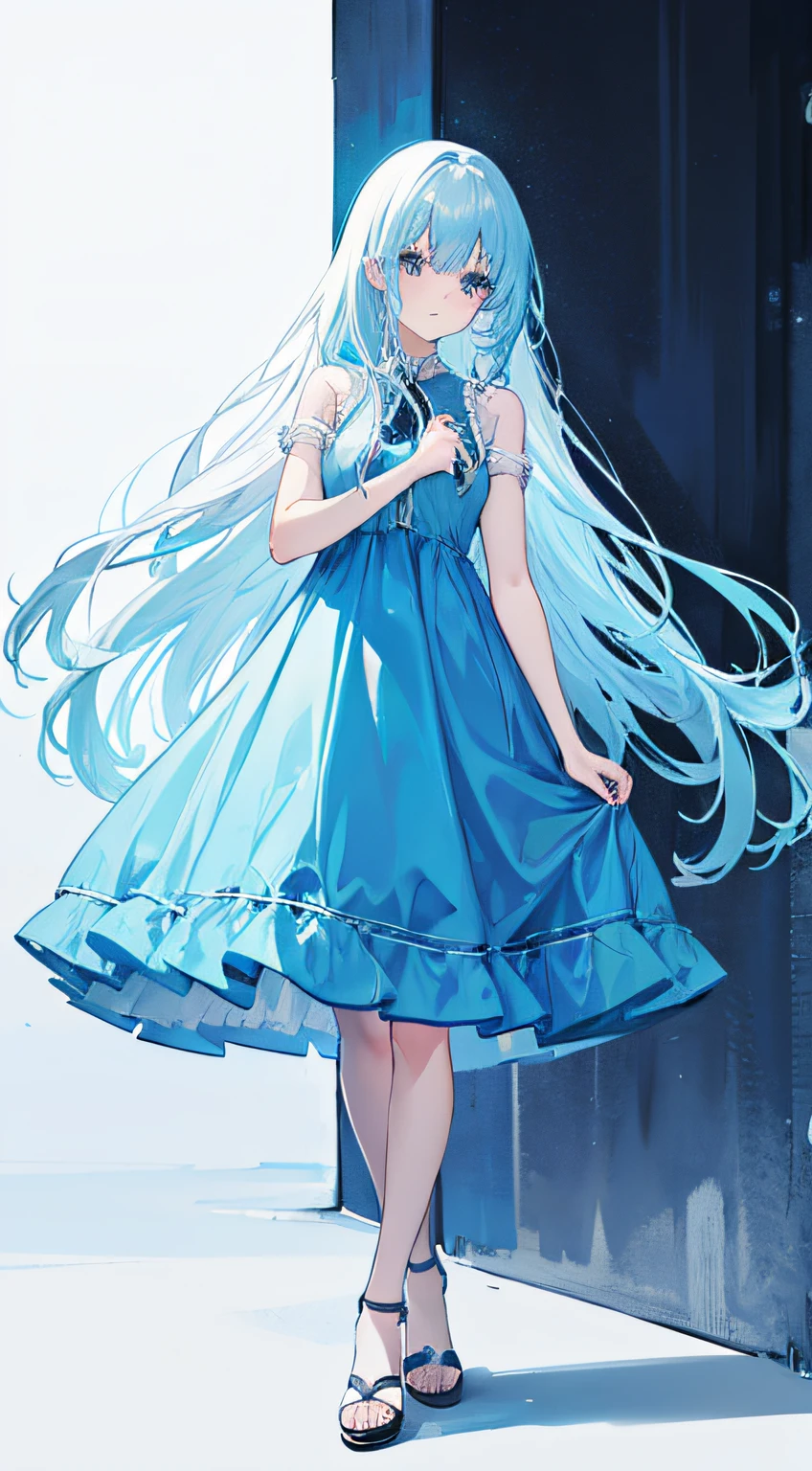 Cold girl White pupils Aqua blue hair Long hair Cold expression ，a blue dress，full-body photo on the front，All body，Fingers and arms are not exposed