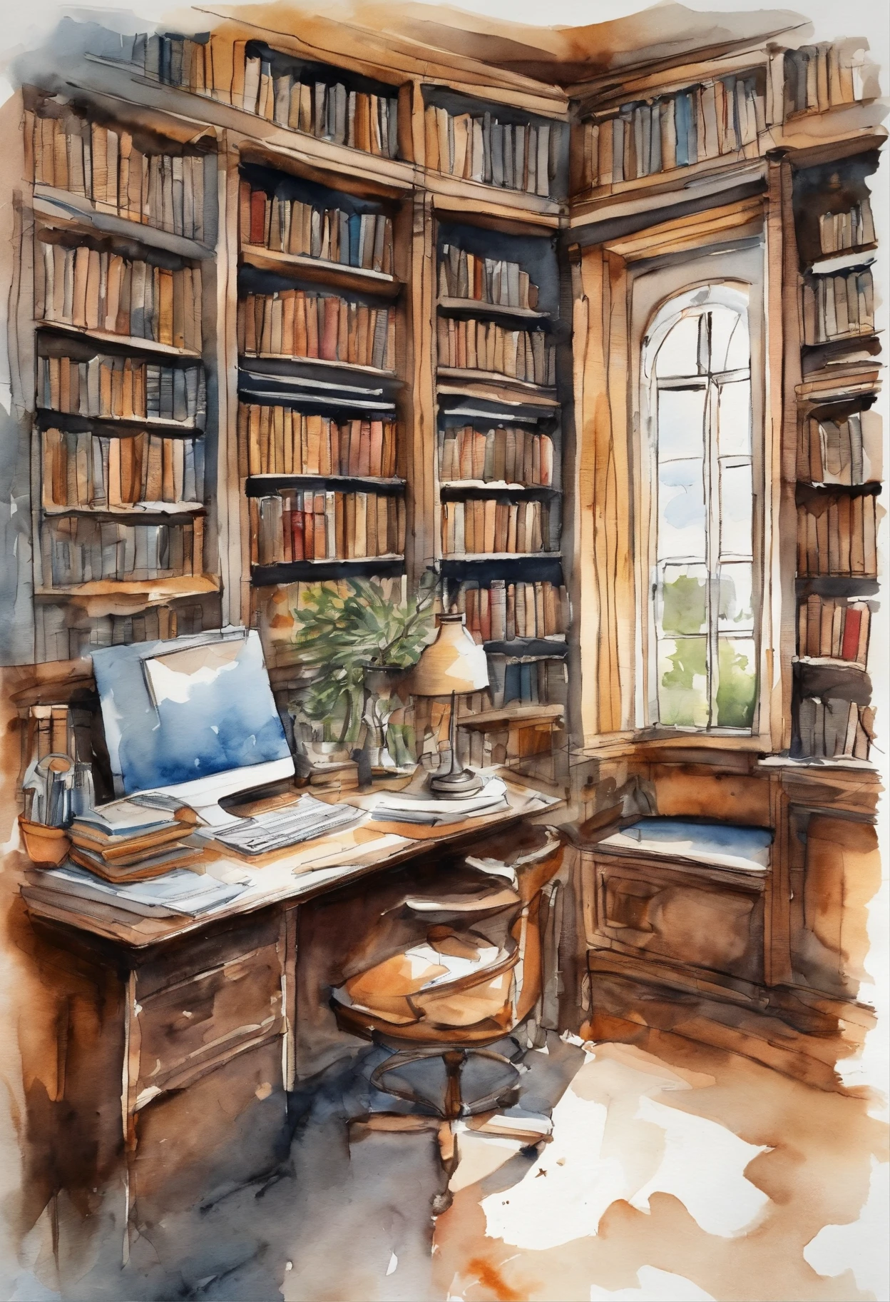 Modern ink style,Interior of modern library tubes,Modern iron desks with open books,A ray of sunlight shines through the square, modern framed window on the desk,Surrounded by modern bookshelves,White bookshelf