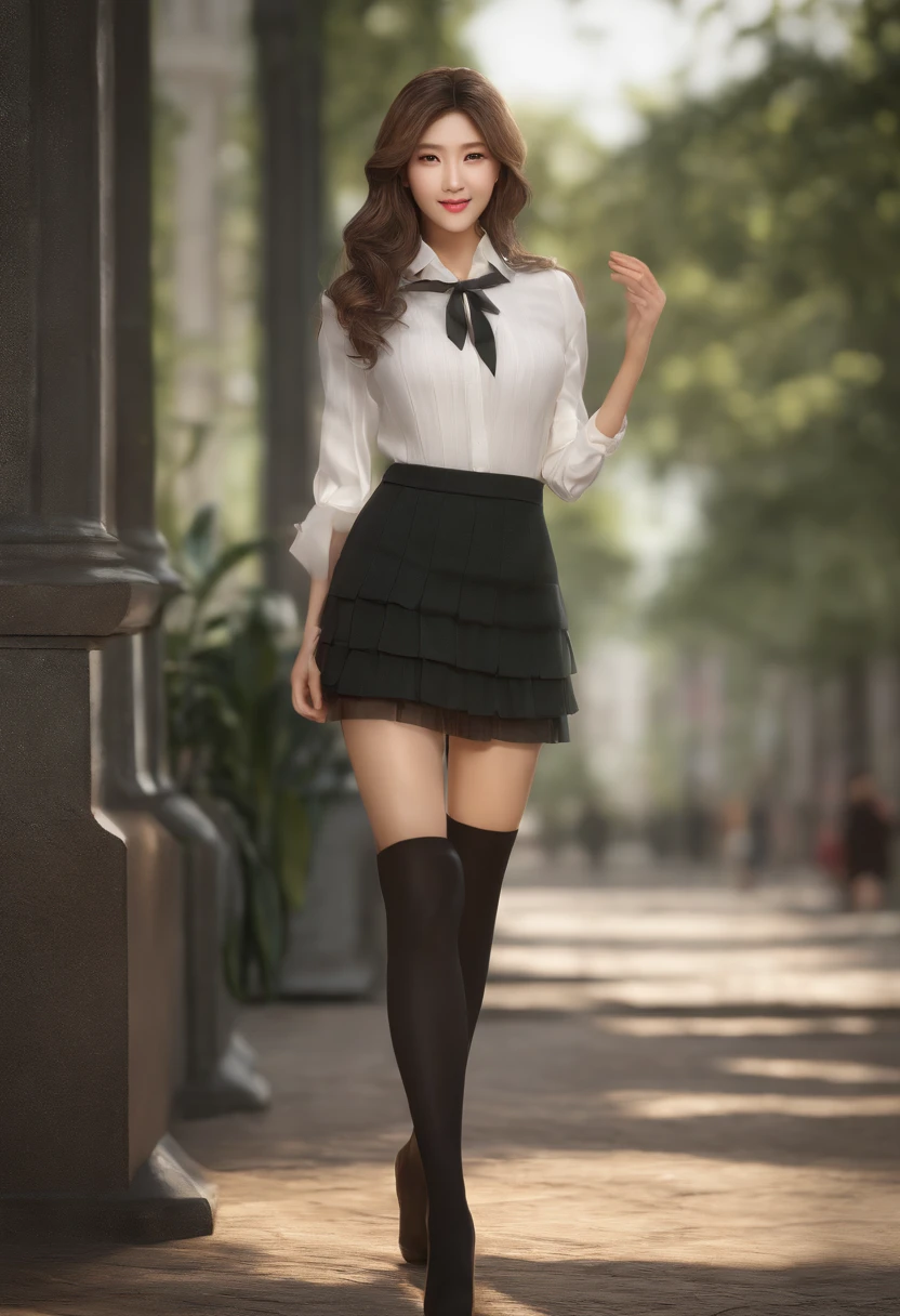Shoes entire body, feet in view, Cinematic soft lighting illuminates a stunningly detailed and ultra-realistic beautiful Asian supermodel, American school girl look, short skirt, thigh high stockings, long messy windy dark blonde hair, clear green eyes, captivating perfect smile, sensual, hot woman, gorgeous, that is trending on ArtStation. Octane is the perfect tool to capture the softest details of this 16k photography masterpiece.