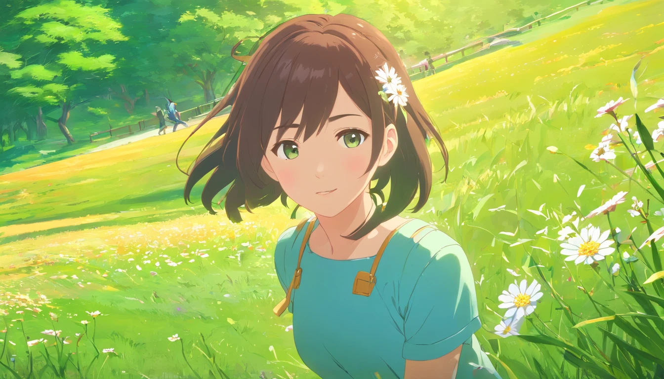 (best quality,4k,8k,highres,masterpiece:1.2),ultra-detailed,realistic, stunning green garden, vibrant grassland, colorful flowers, joyful people, bright sunny day, chilly and fresh air, bokeh, vivid colors, professional, portraits, landscape.