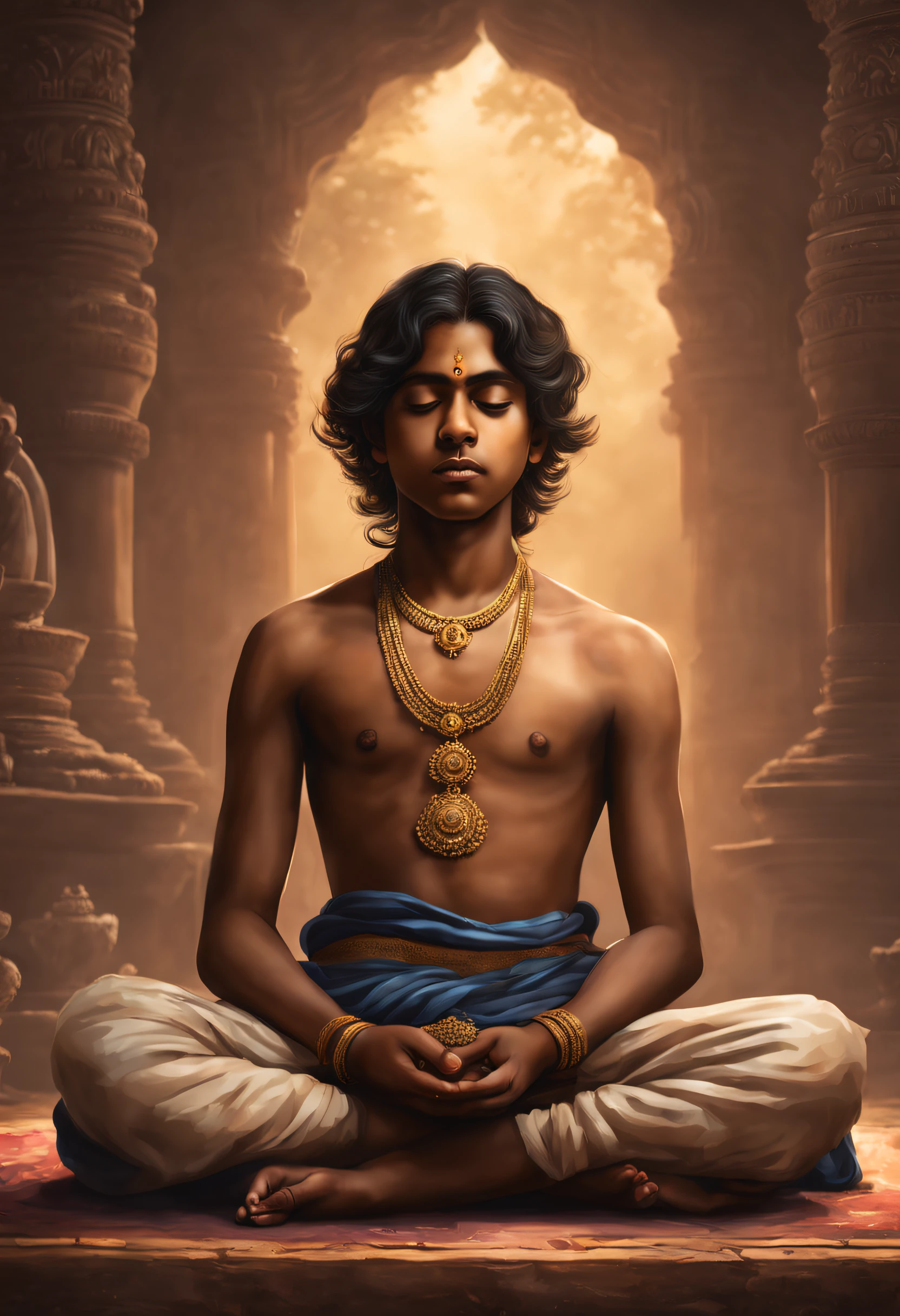 photorealism of a 15 year old South Indian boy, seated in a lotus position and meditating, bare body ancient prince dress, dark complexion, long wavy hair knot tied, eyes closed, extremely detailed, concept art, 8k